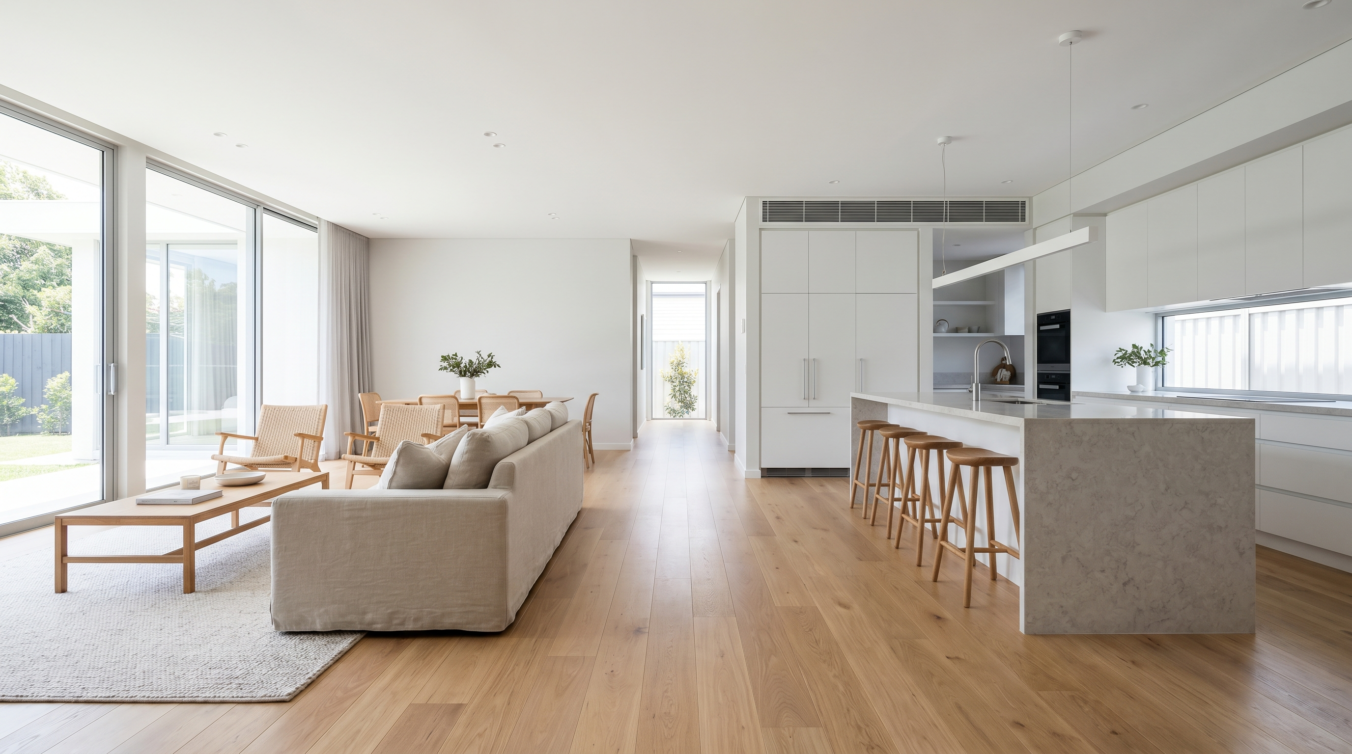 Open layout minimal home with clear sightlines and natural materials