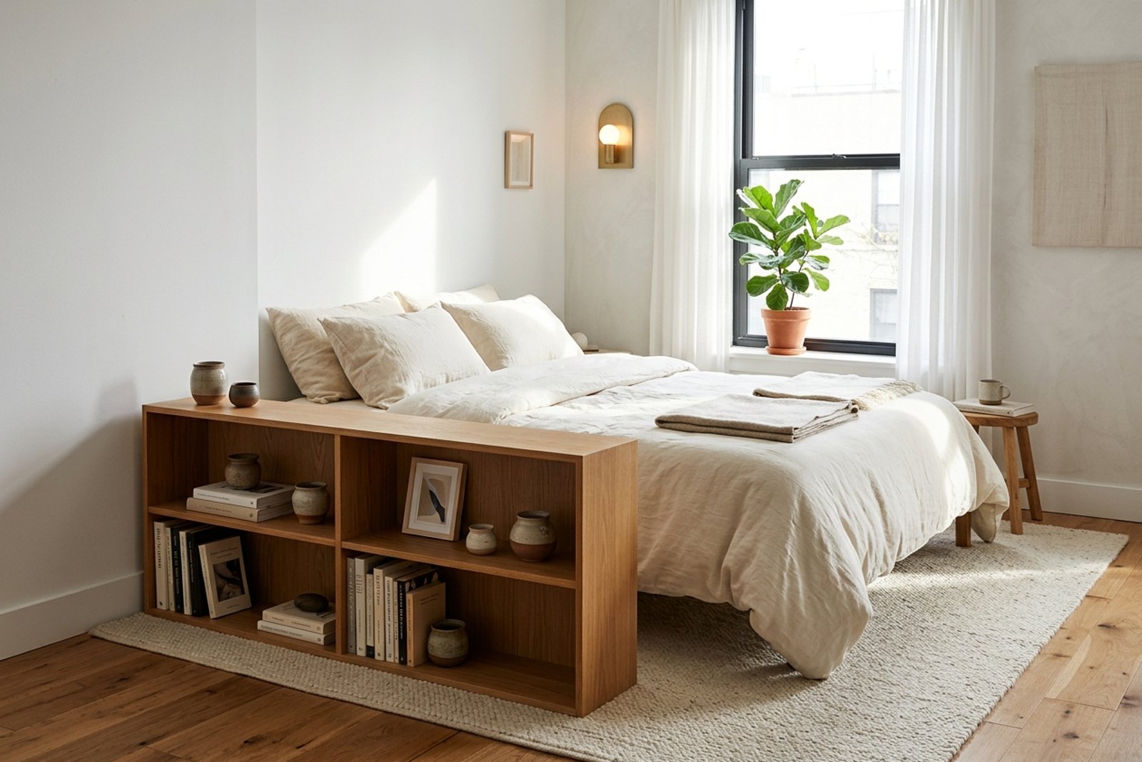 A double bed pulled 20 inches off the wall in a studio apartment, parallel to a large window, low open bookshelf at the foot of the bed marking the boundary with the lounge zone, soft morning light across the duvet