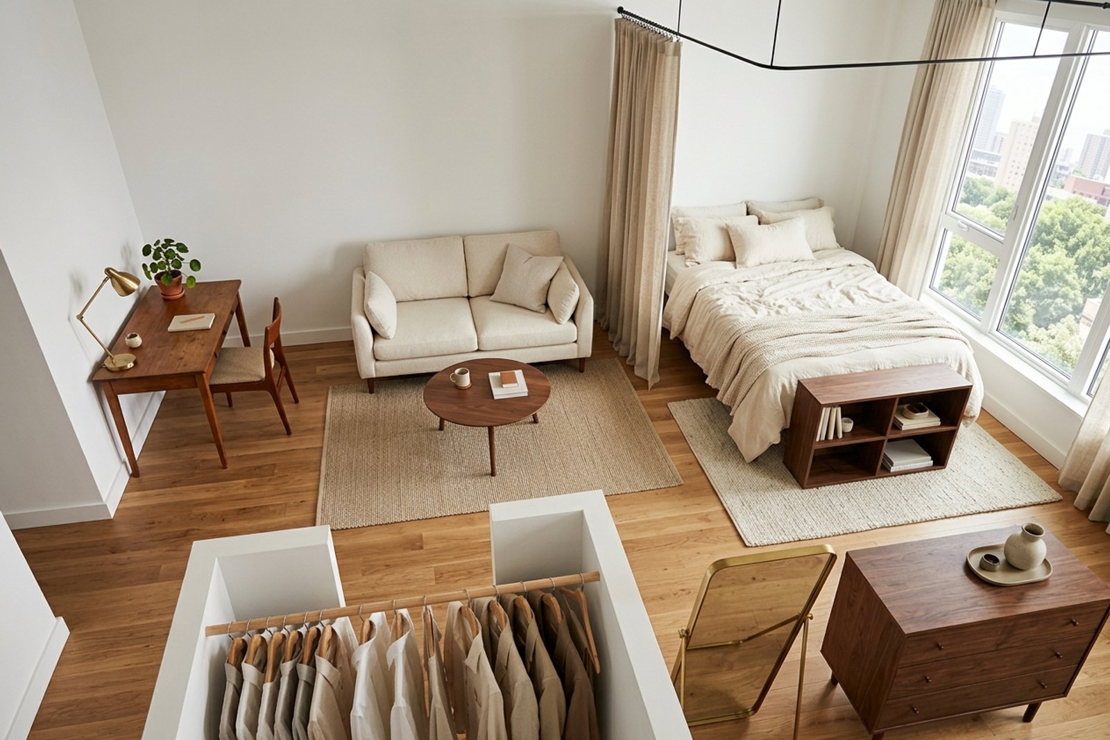 A 350 sq ft studio apartment divided into four zones by a ceiling hung curtain and two different rugs, bed parallel to the window, small sofa and coffee table in the lounge zone, desk against the opposite wall