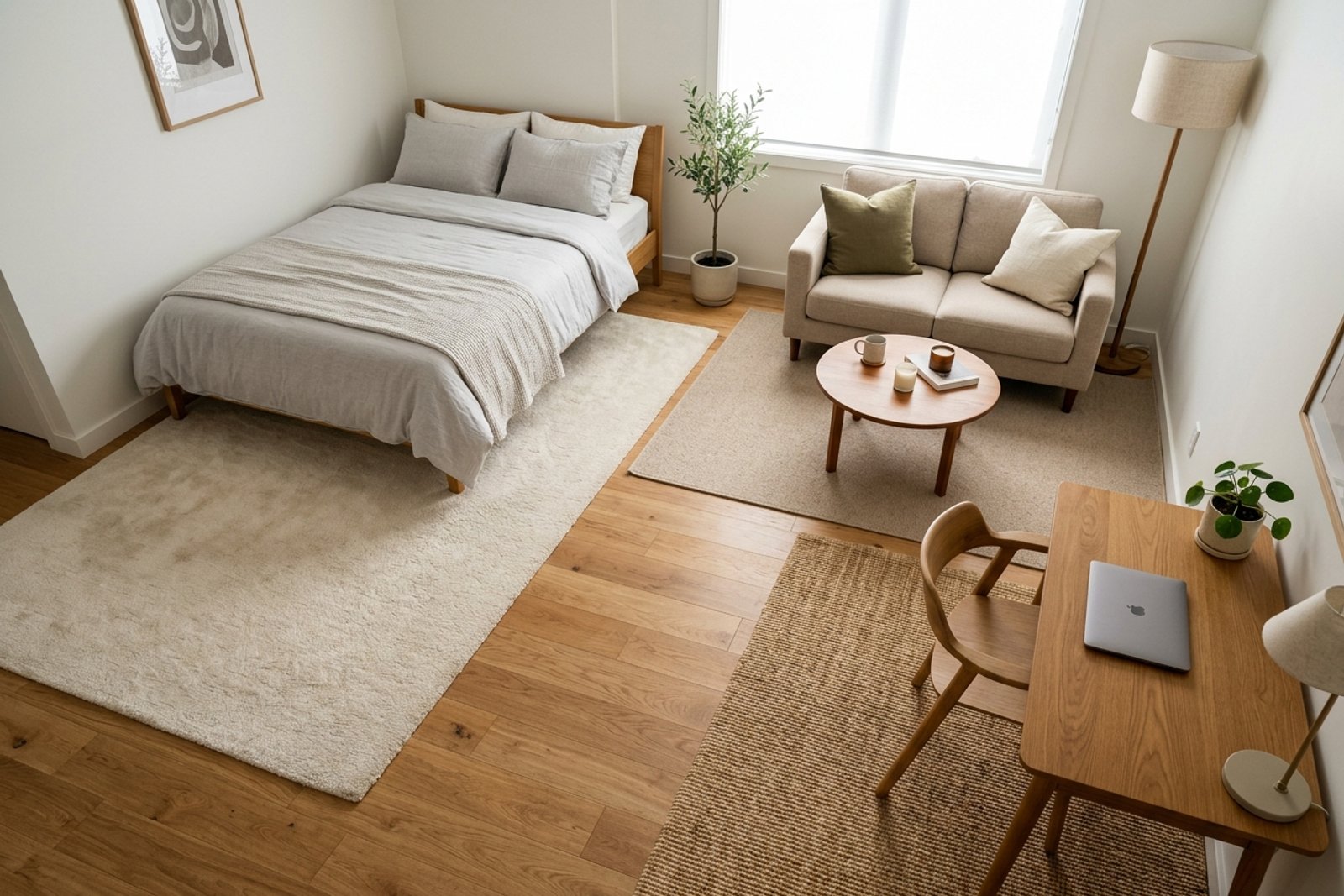Three different rugs in a studio apartment, a pale wool under the bed, a slightly darker flatweave in the lounge, a small natural fiber mat at the desk, none overlapping