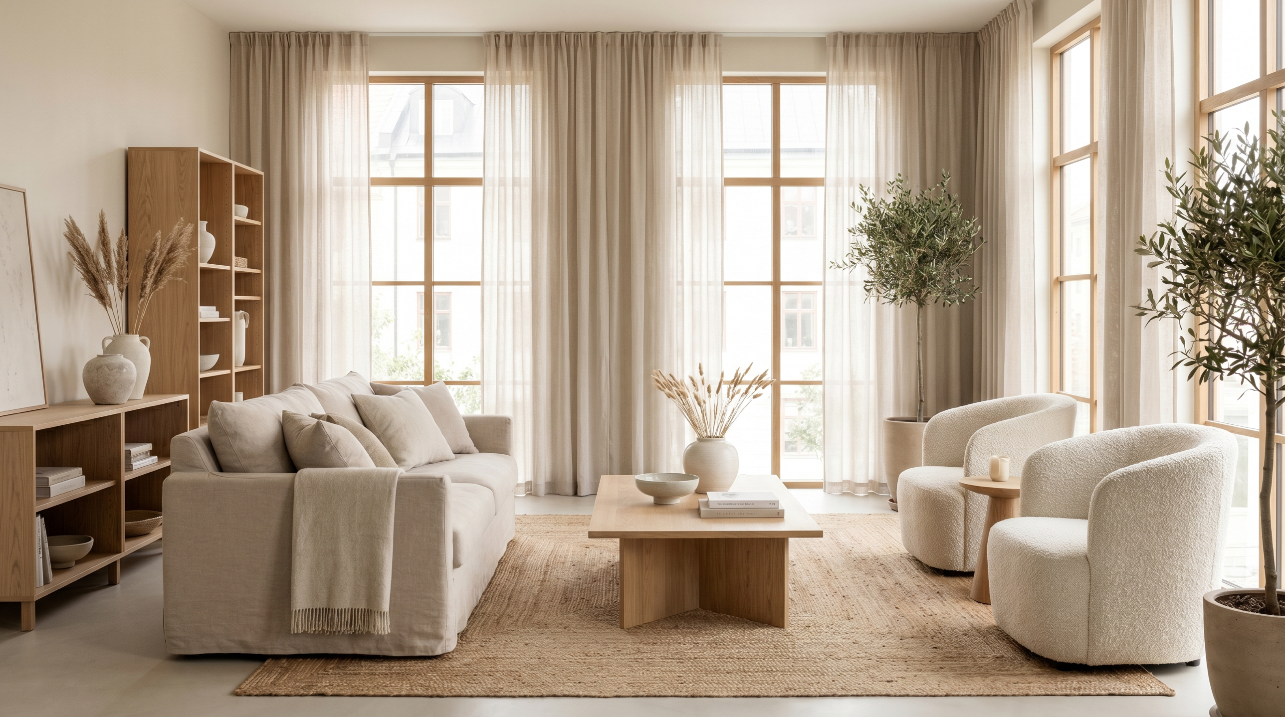 A calm, cohesive living room with a linen sofa, olive tree, boucle chairs, and warm wood tones