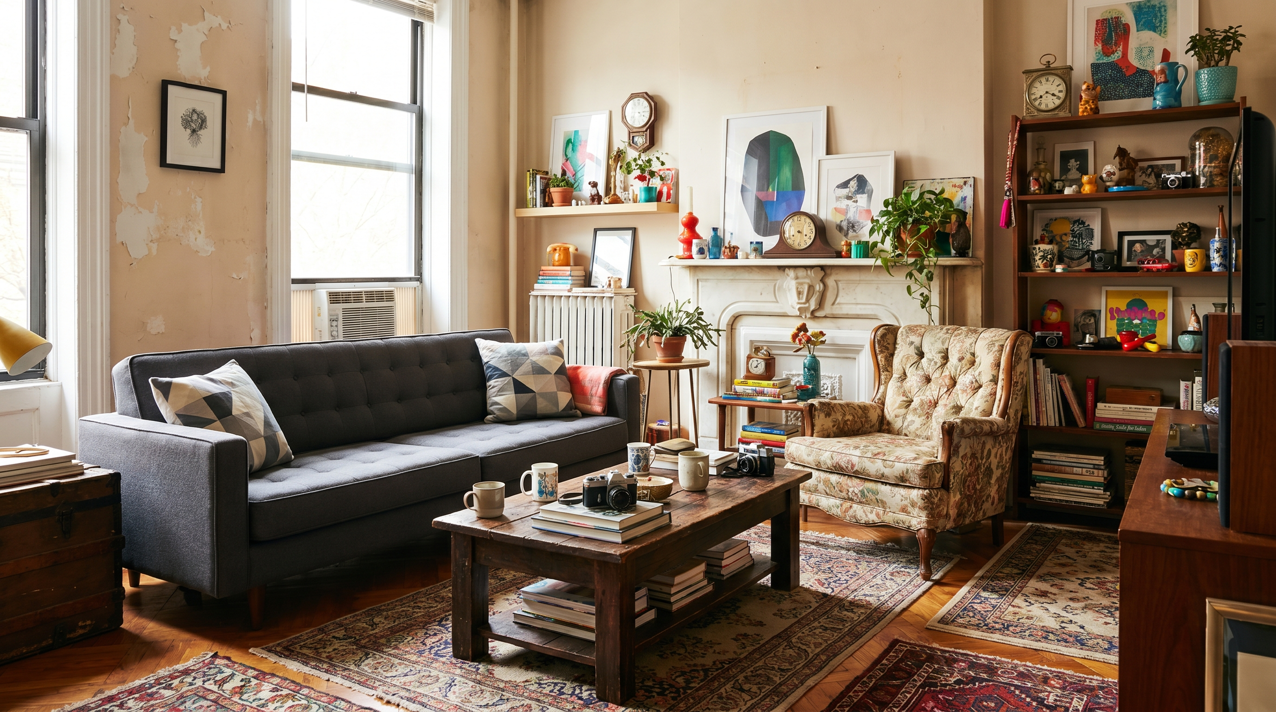 A cluttered apartment with mismatched vintage furniture, a floral chair, and a busy gallery wall