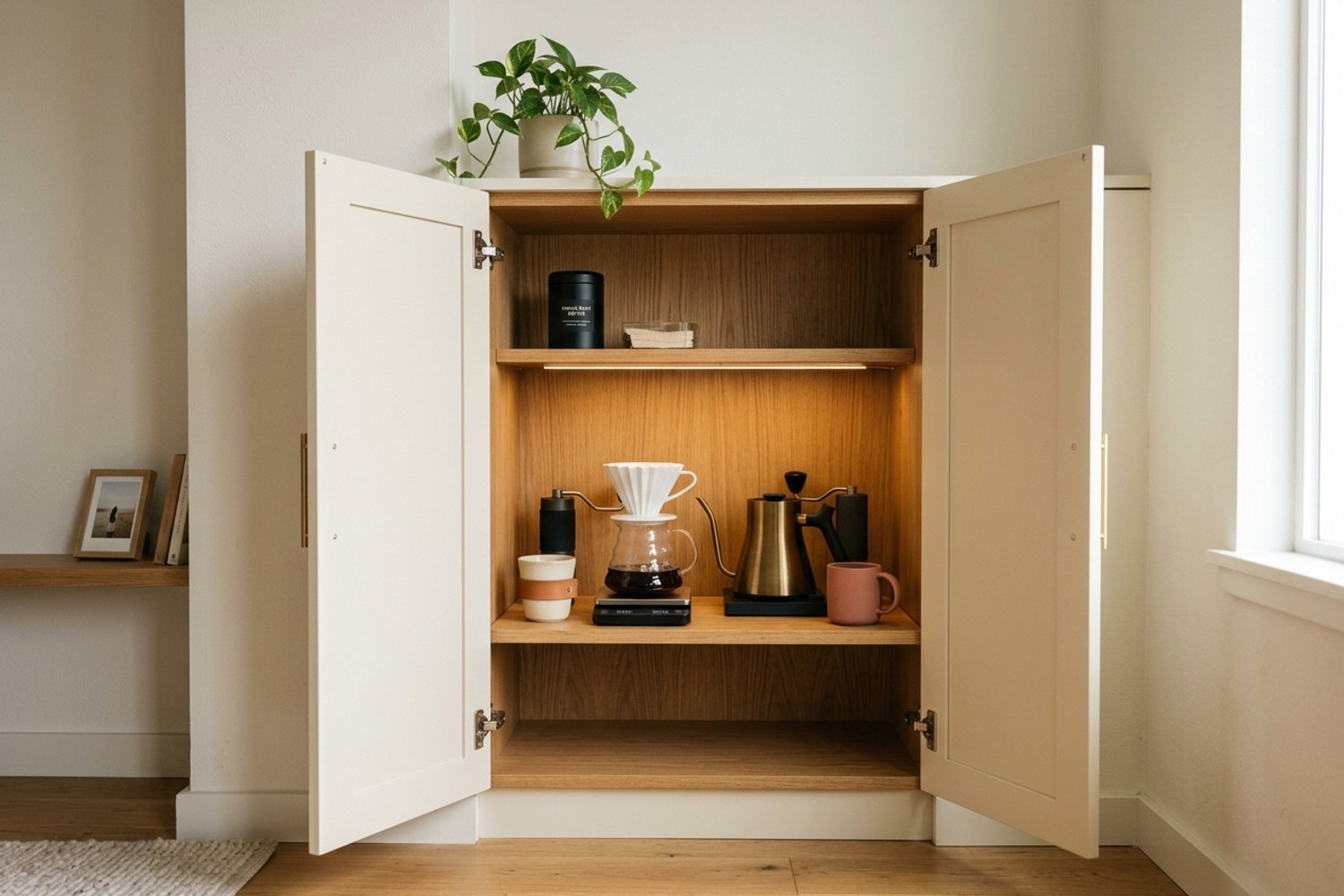 An ideal home cafe corner revealed inside a built in cabinet, doors open to show the brewing kit warm lit on a wood shelf, the kind of setup that disappears when closed