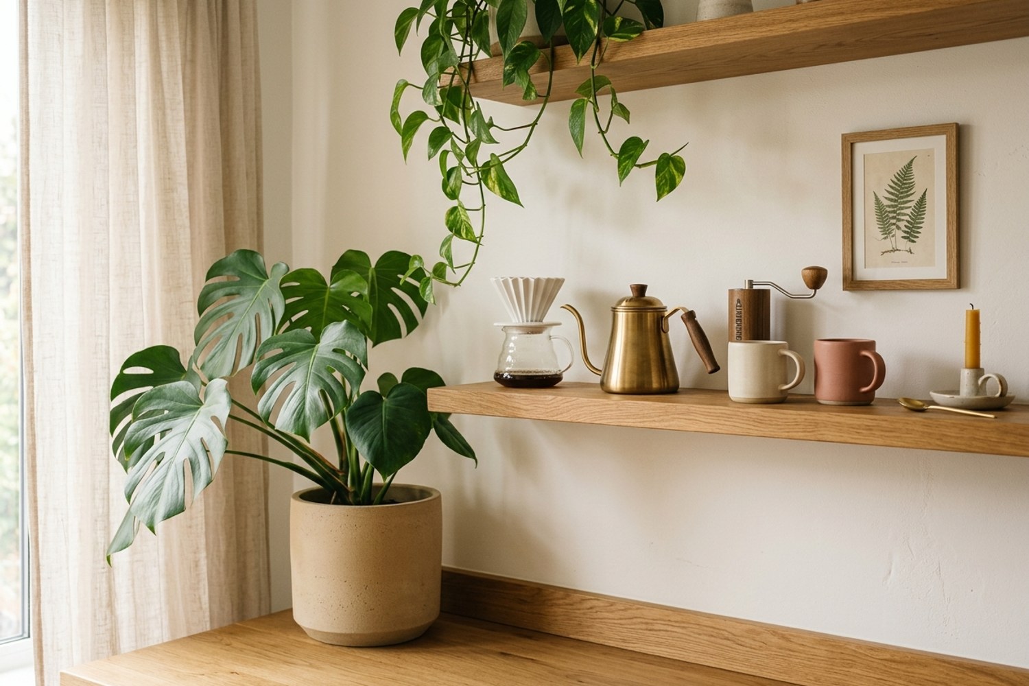 An ideal home cafe corner anchored by indoor plants, a textured leaf plant beside the brewing surface and a trailing plant above, the soft work that signals a slow space