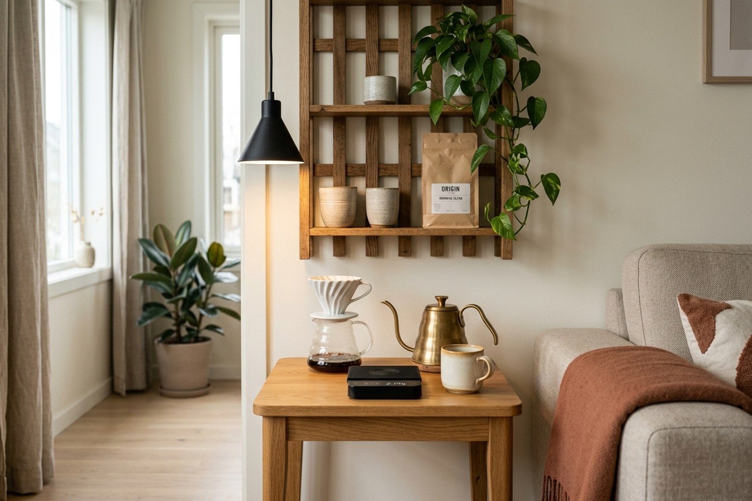 An ideal home cafe corner integrated into a small apartment living space, the warm wood brewing surface marking the zone shift from the living area beside it