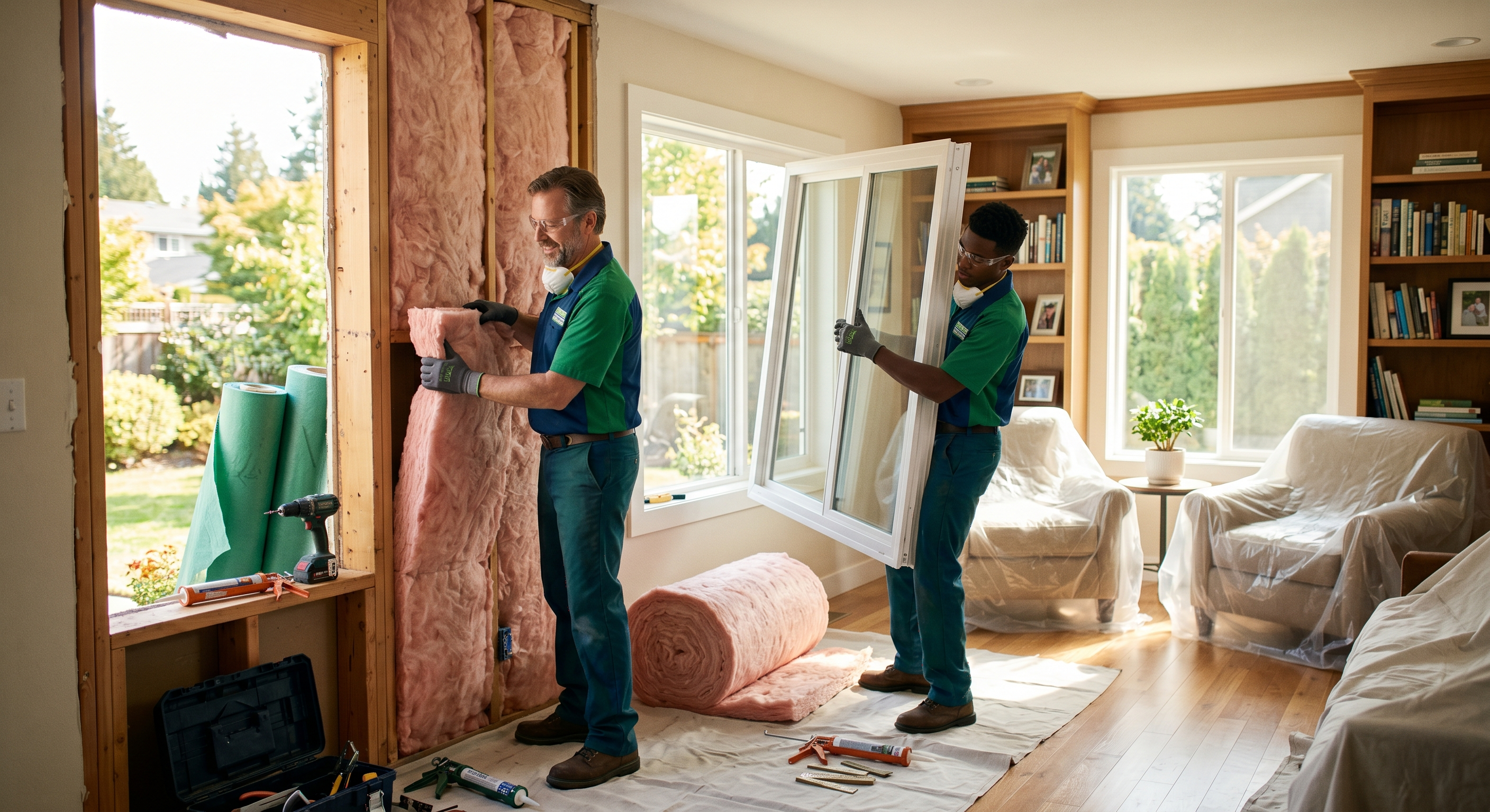 Weatherization upgrade showing new insulation and improved windows in a U.S. home