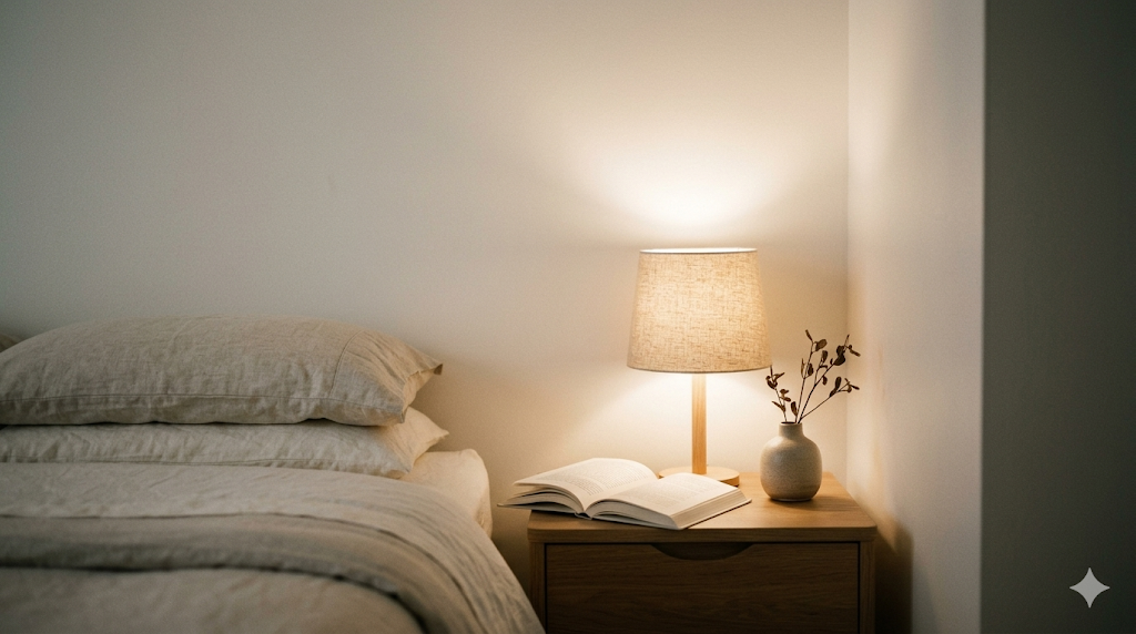 A quiet bedside corner at dusk with a single warm lamp, an open book, linen pillows, and a ceramic vase with dried branches