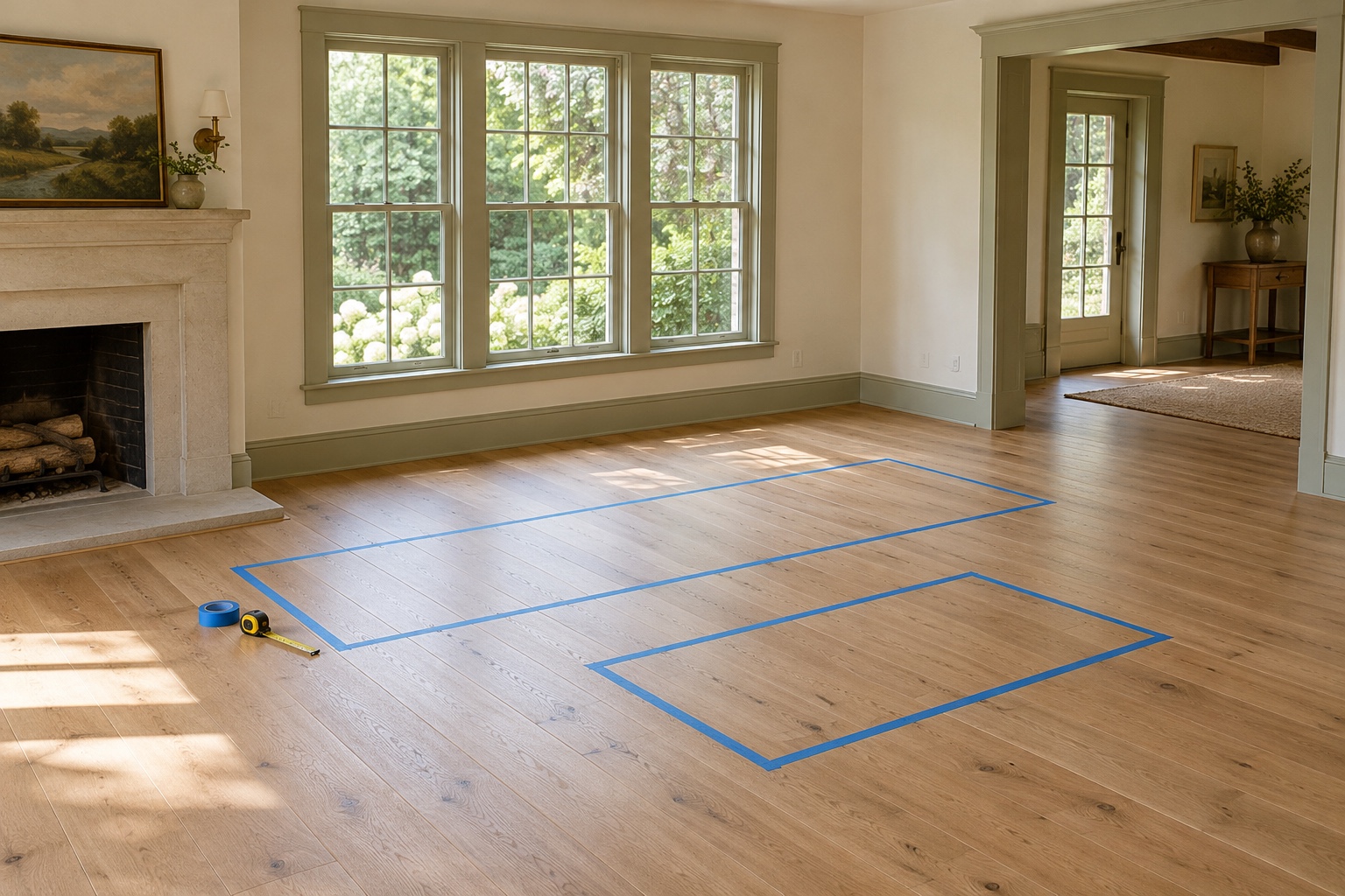 An empty living room with a wood floor where blue painter's tape marks two rectangular furniture outlines in front of a fireplace and a row of windows, with a roll of tape and a tape measure beside them