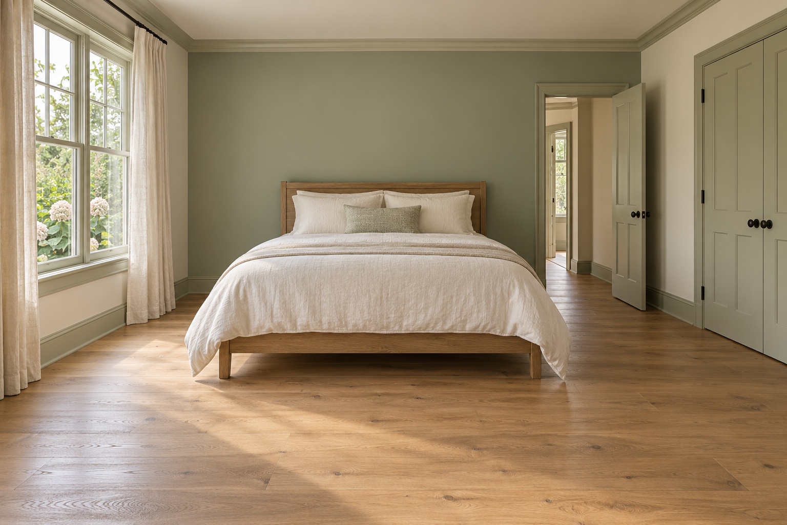 A bedroom with a wood-frame bed and white linen bedding centered on a sage green wall, clear floor on both sides, a window with linen curtains on the left, and an open bedroom door and closed closet doors on the right