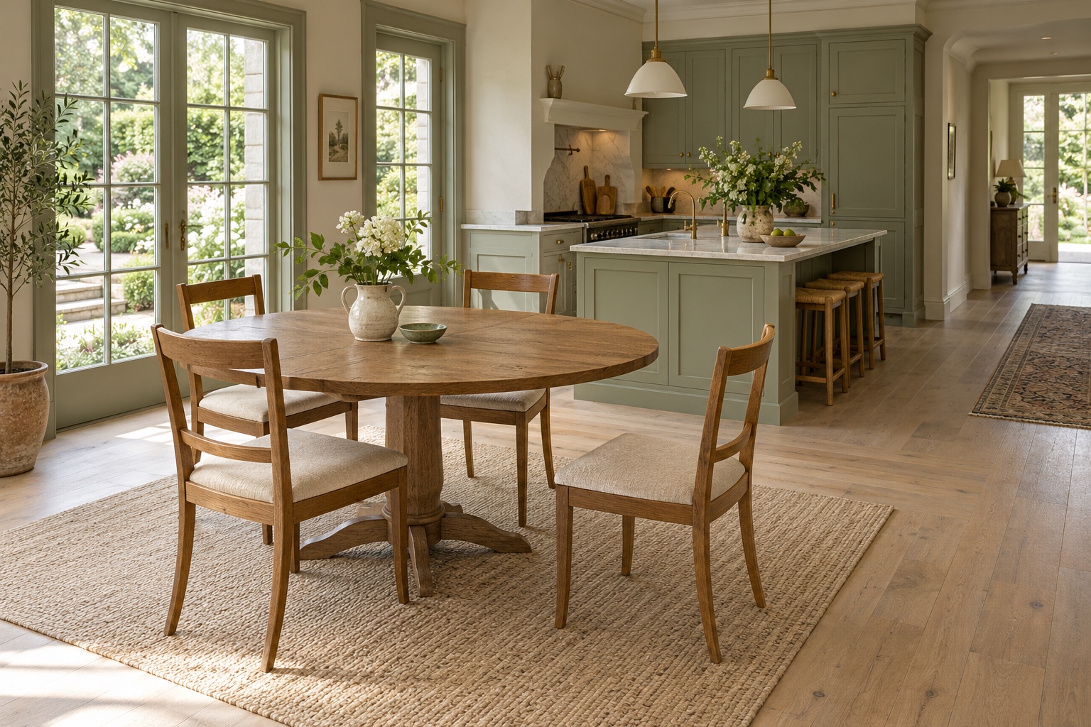 A round wood pedestal dining table with four upholstered wood chairs on a jute rug, beside glass doors to a garden, with a sage green kitchen island and stools behind it