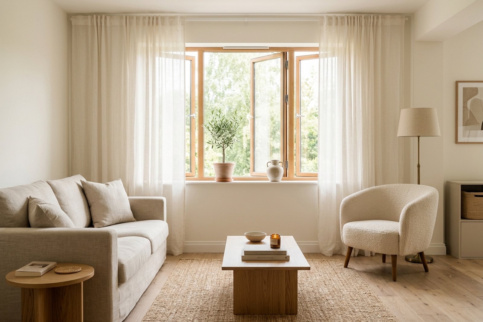 A living room window with sheer curtains pulled wide, pale furniture moved away from the glass, and daylight reaching the center of the room