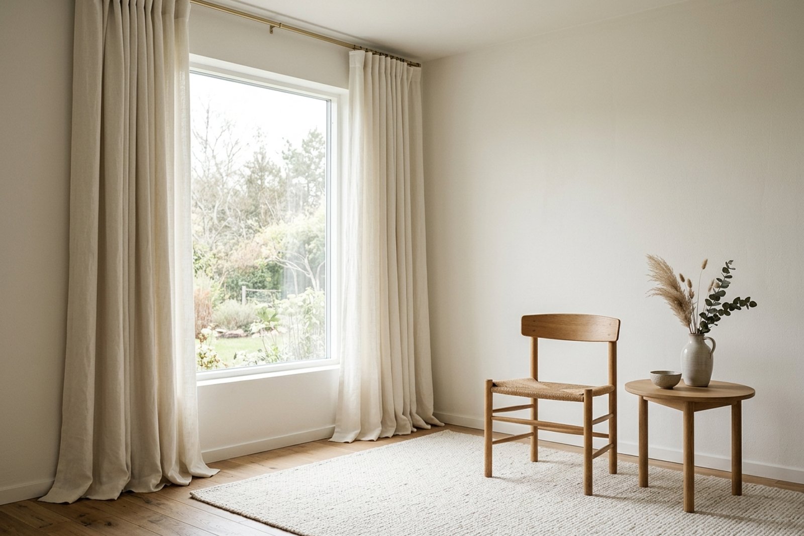 Light ivory curtains hung high and wide around a window, with the fabric stack resting on the wall and daylight spreading across a pale rug