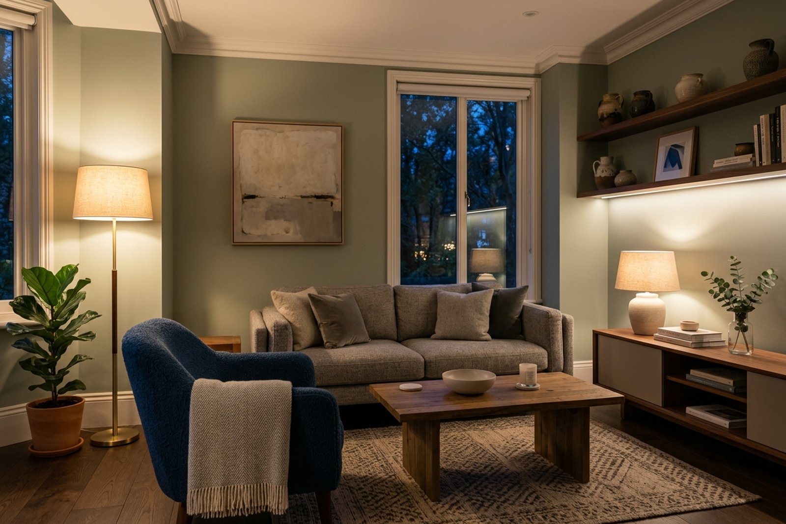 An evening living room lit by a floor lamp, table lamp, and low shelf lamp, with warm bulbs filling the corners instead of one harsh overhead