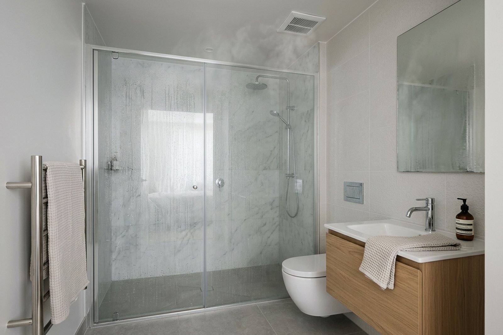 A small windowless bathroom with a ceiling exhaust fan running and condensation beaded on the tile wall