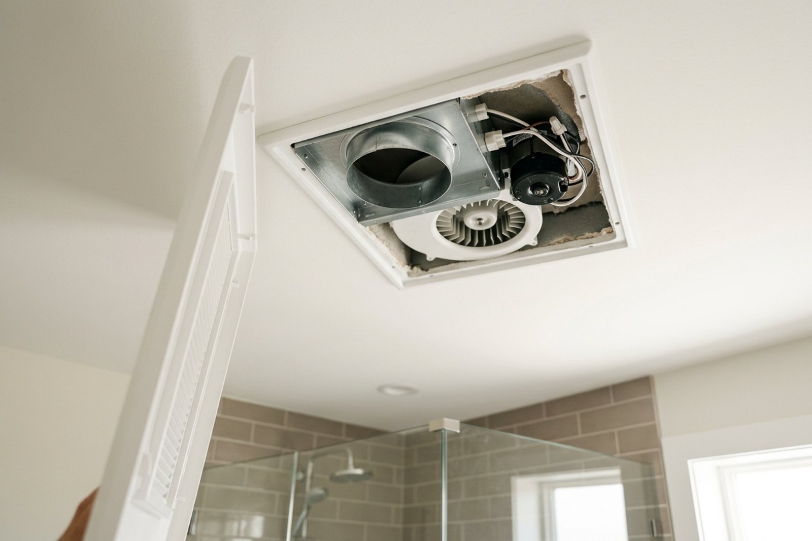 A ceiling mounted bathroom exhaust fan with the grille removed, showing the duct connection above