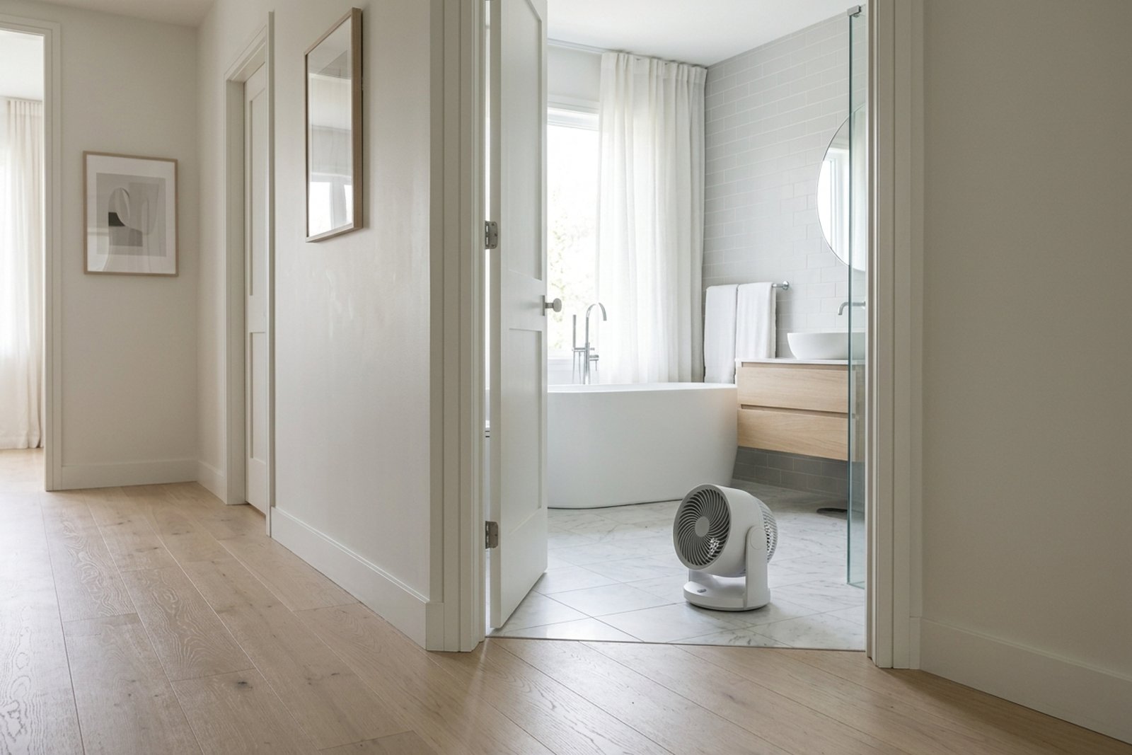 A bathroom doorway with a small fan on the floor just inside the threshold, angled out toward a hallway