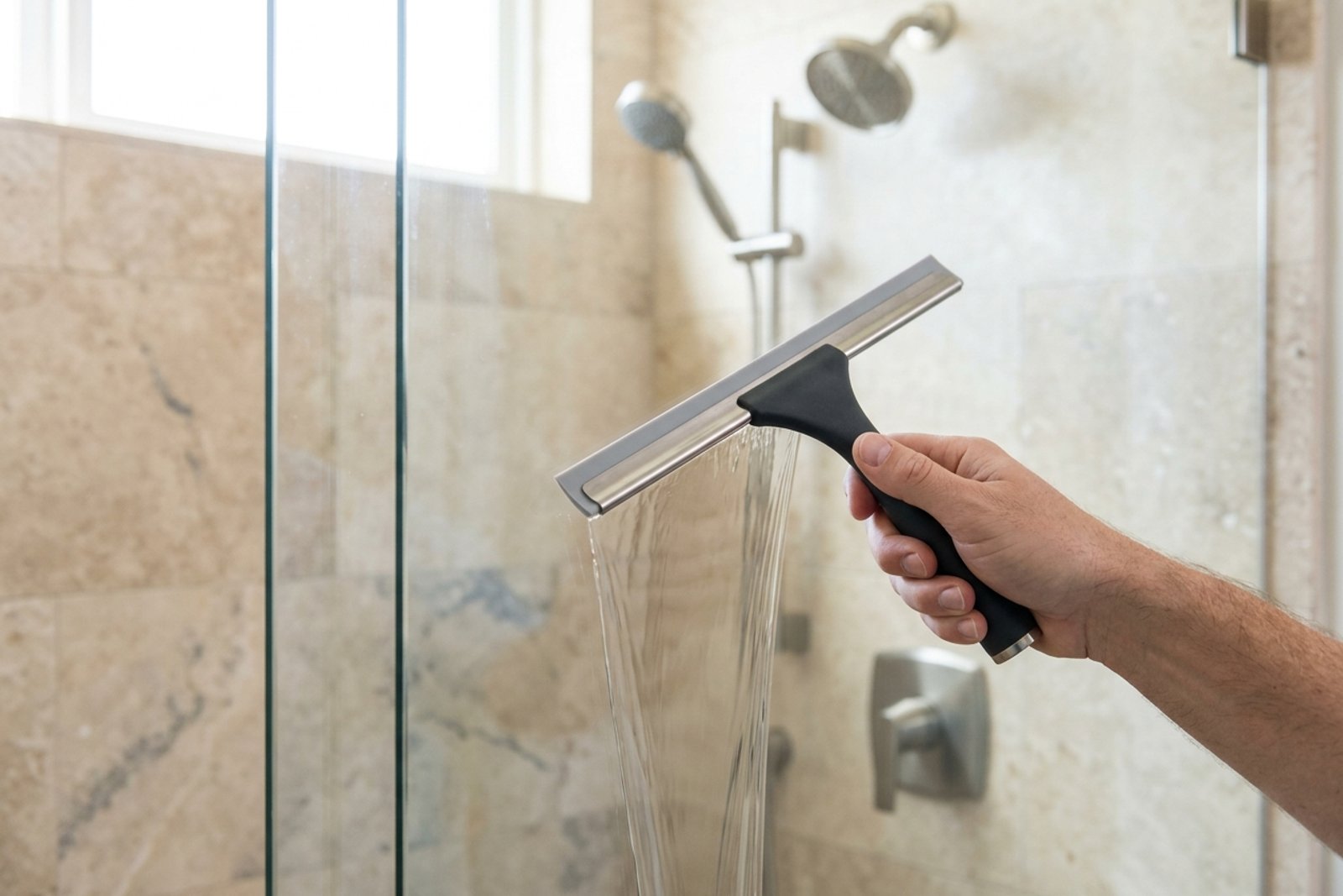 A tiled shower wall being wiped down with a silicone squeegee, water running off the glass