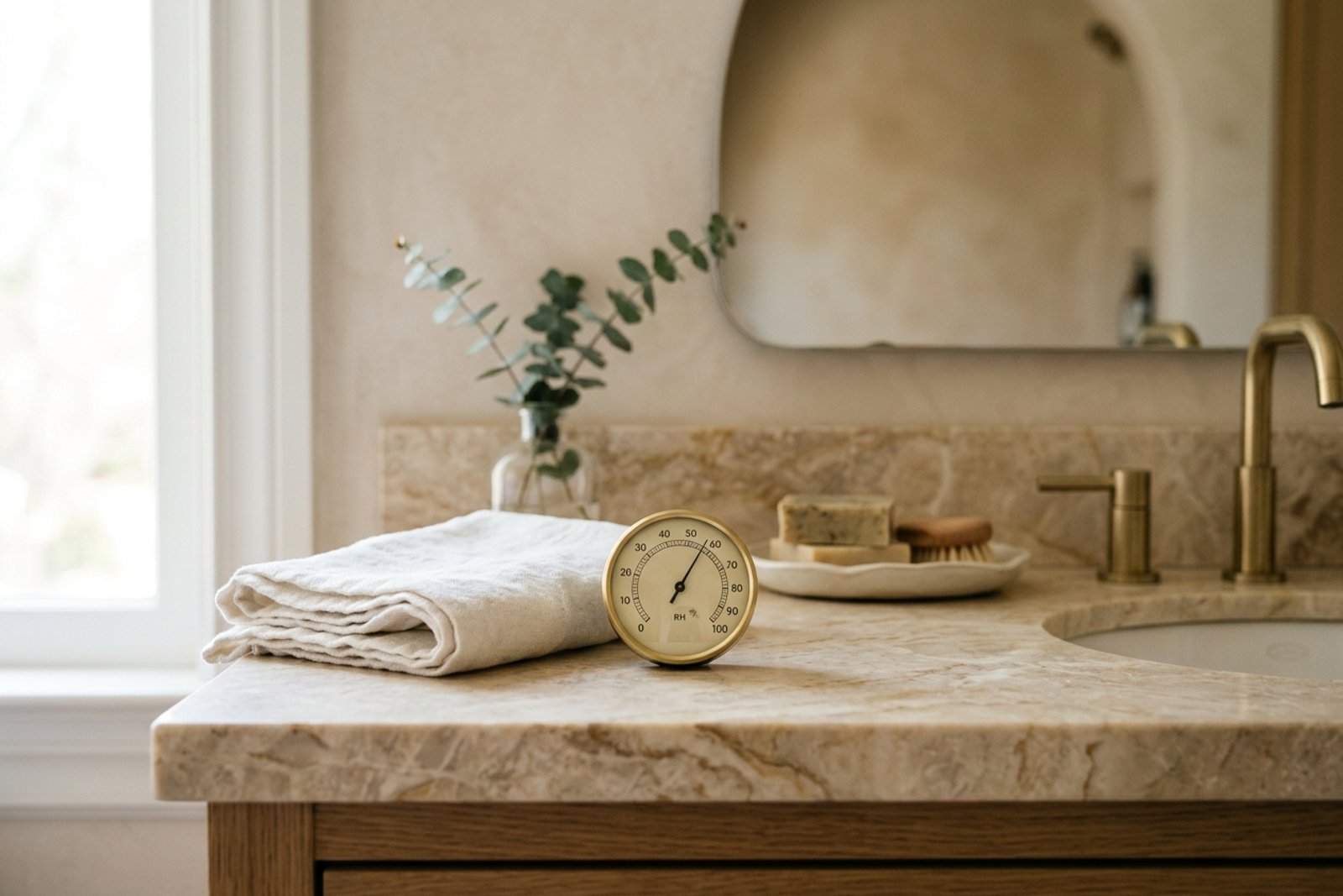 A bathroom vanity with a small round hygrometer beside a folded towel, reading relative humidity