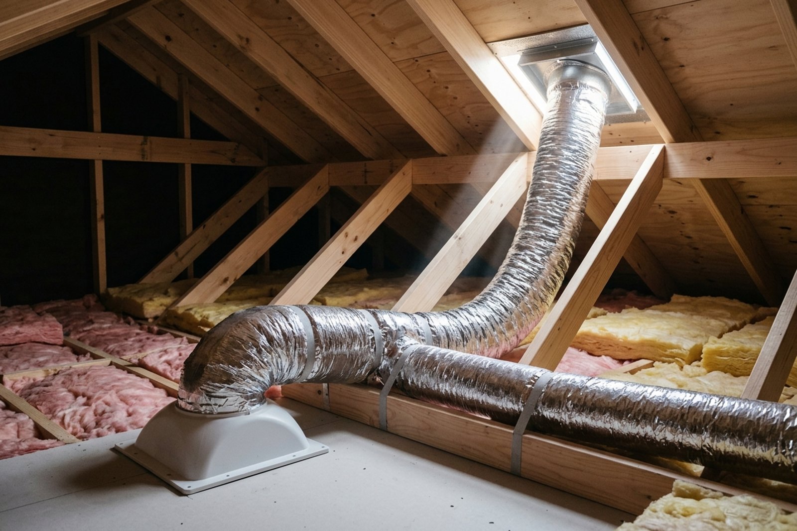 Insulated flexible ducting running through an attic from a bathroom fan housing toward an exterior roof vent