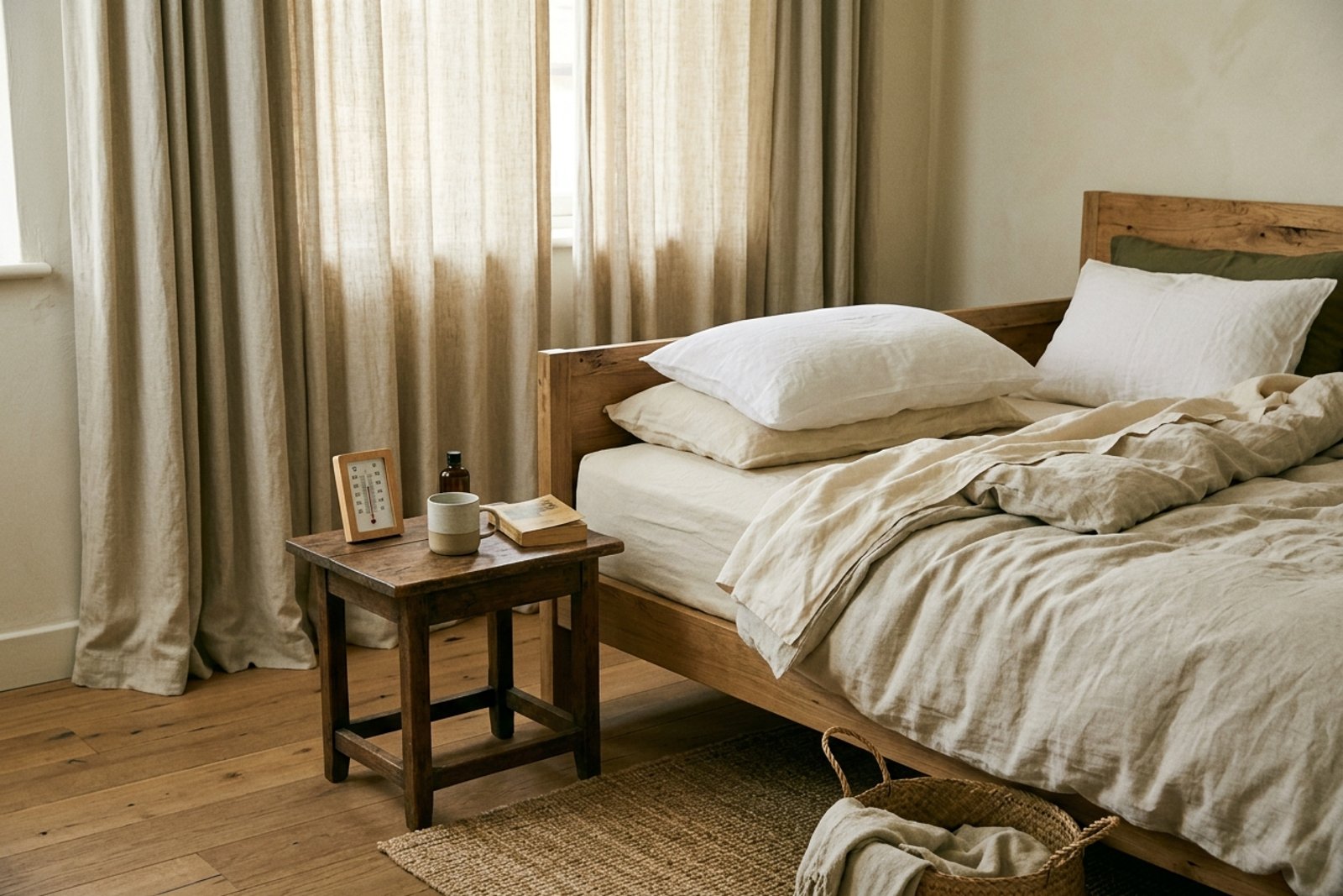 A calm bedroom prepared for a heat wave, with pale curtains closed tightly, linen bedding pulled back, and a small thermometer on the nightstand