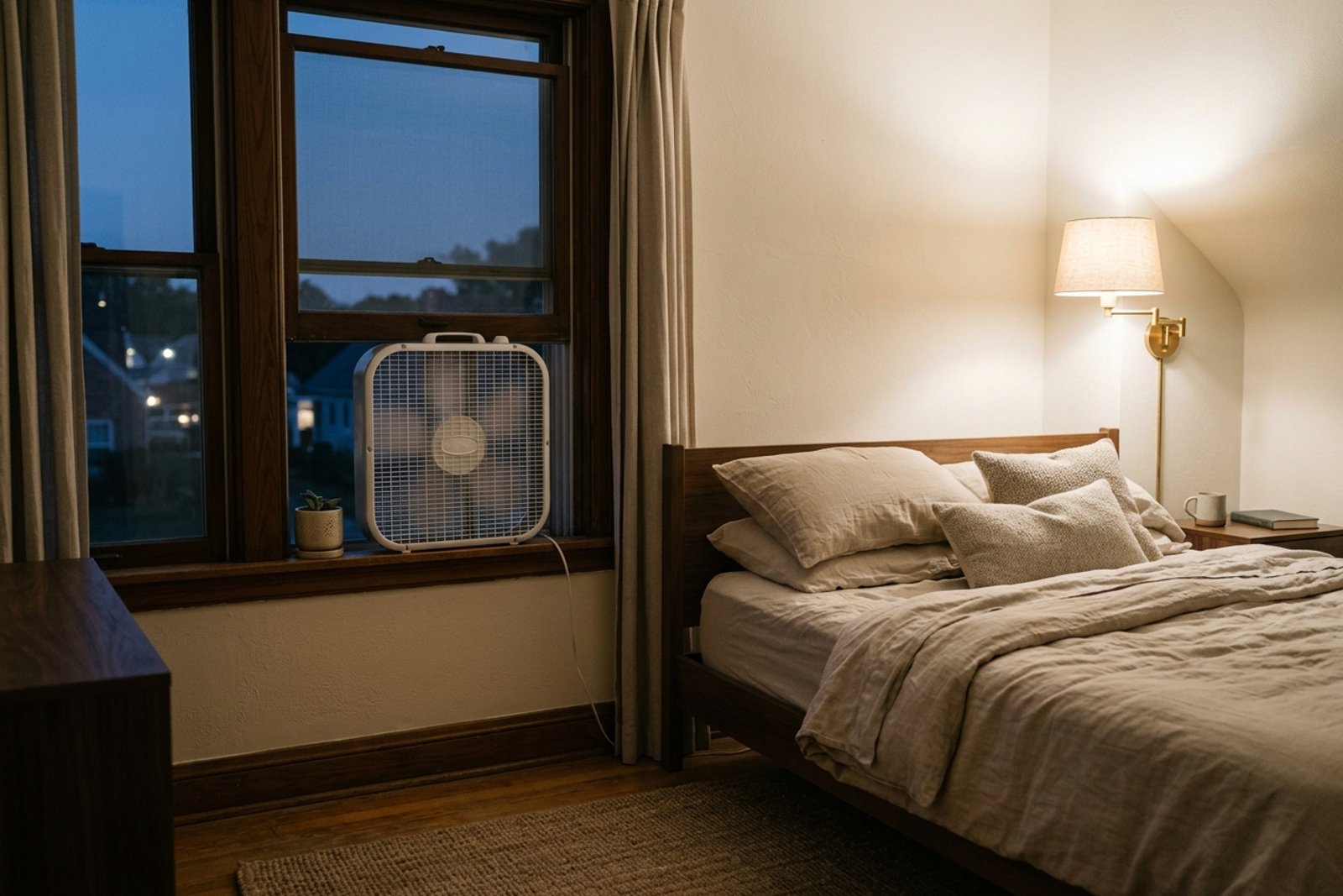 A 20 inch box fan facing outward in a bedroom window after sunset, with the bed pulled slightly away from the wall and light linen bedding