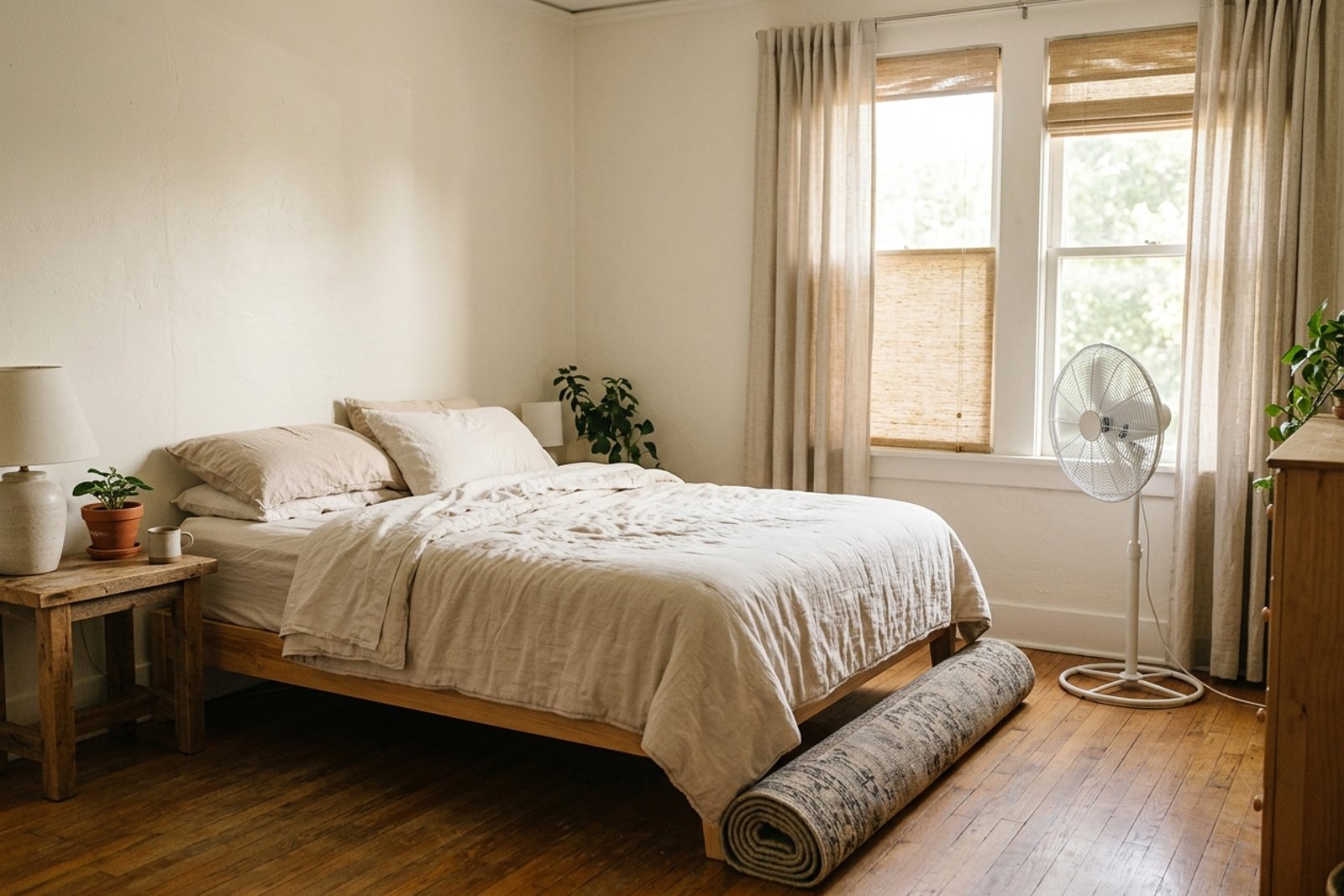 A renter safe bedroom cooling setup with a quiet pedestal fan, pale cotton quilt, rolled up heavy rug, and removable shade panels near the window
