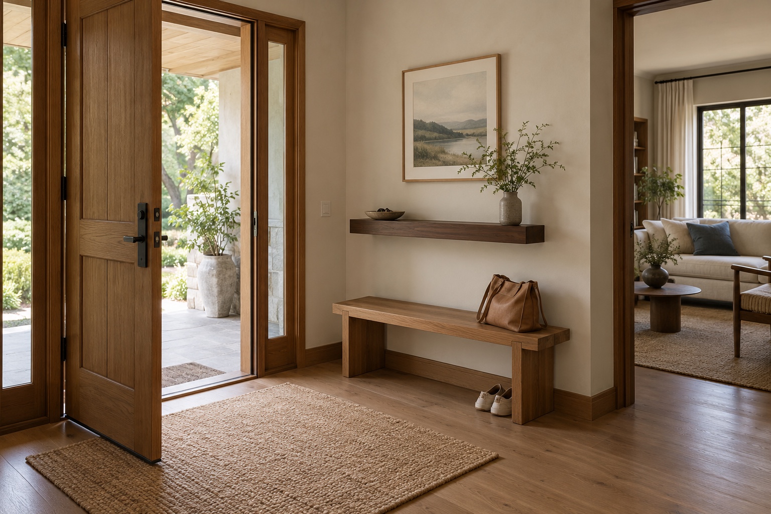 An entrance with a wood front door open to a garden porch, a woven rug, a wood bench holding a leather bag with shoes tucked underneath, a walnut wall shelf with a bowl and vase, and a view into the living room