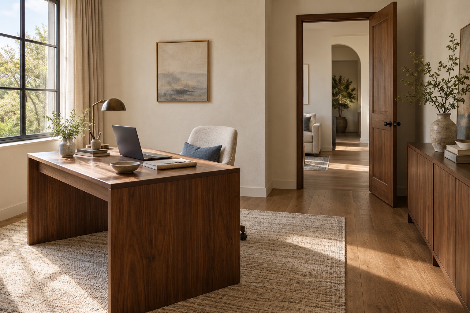 A home office with a walnut desk and upholstered chair set against the wall, a window with garden views to one side, and the open doorway visible at an angle across the room