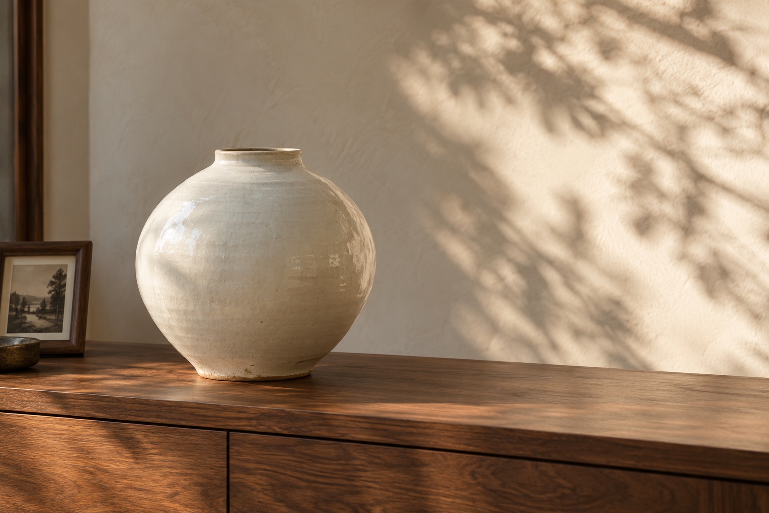A white Korean moon jar on a walnut sideboard beside a small framed landscape photograph, with soft leaf shadows on a plaster wall