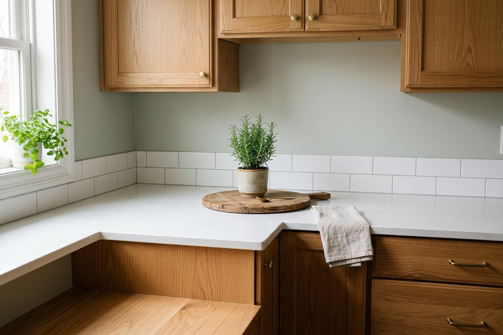 A kitchen with honey oak cabinets, soft green gray walls, a white quartz counter, and morning light from a window over the sink