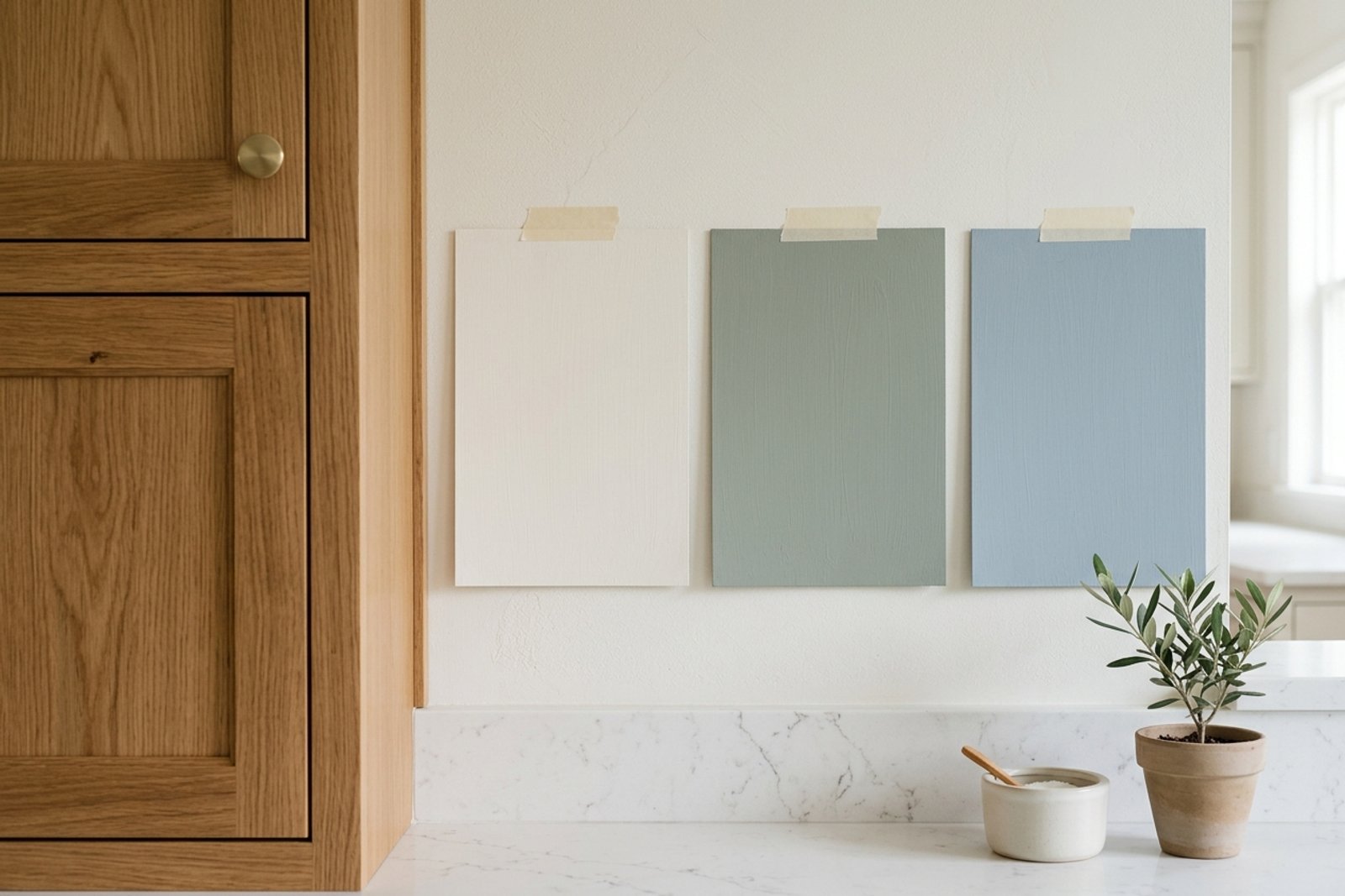 Paint sample boards in white, gray green, and slate blue taped to a wall beside honey oak kitchen cabinets