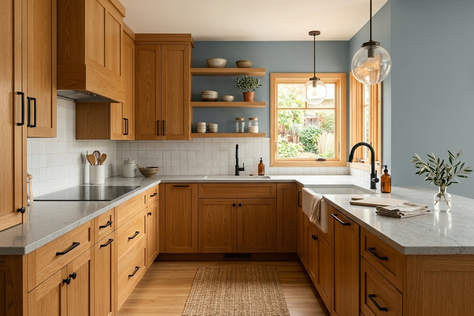 A refreshed honey oak kitchen with matte black hardware, blue gray walls, and a light quartz counter in afternoon light