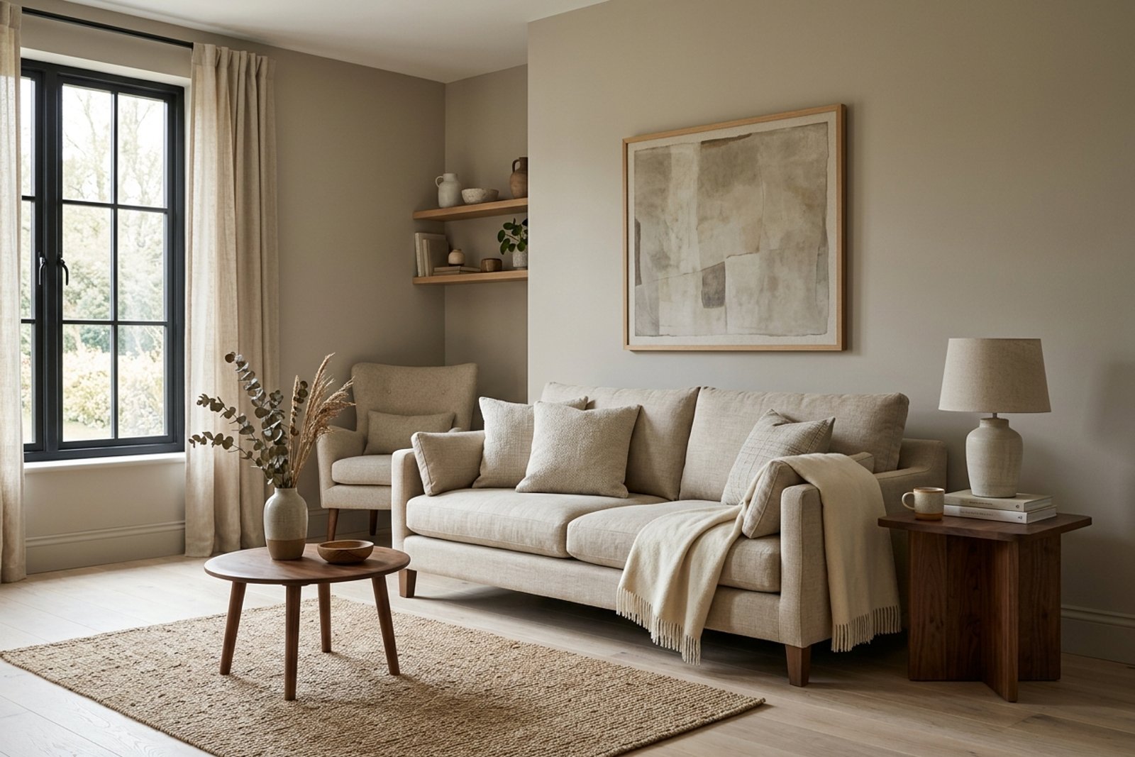 A living room with warm greige walls, pale white oak floors, a linen sofa, and soft daylight from a tall window