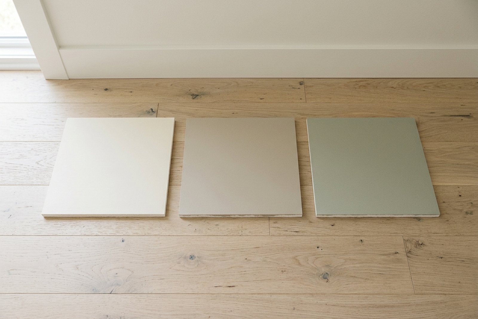 Sherwin-Williams paint sample boards in warm white, greige, and green gray laid on a white oak floor in daylight