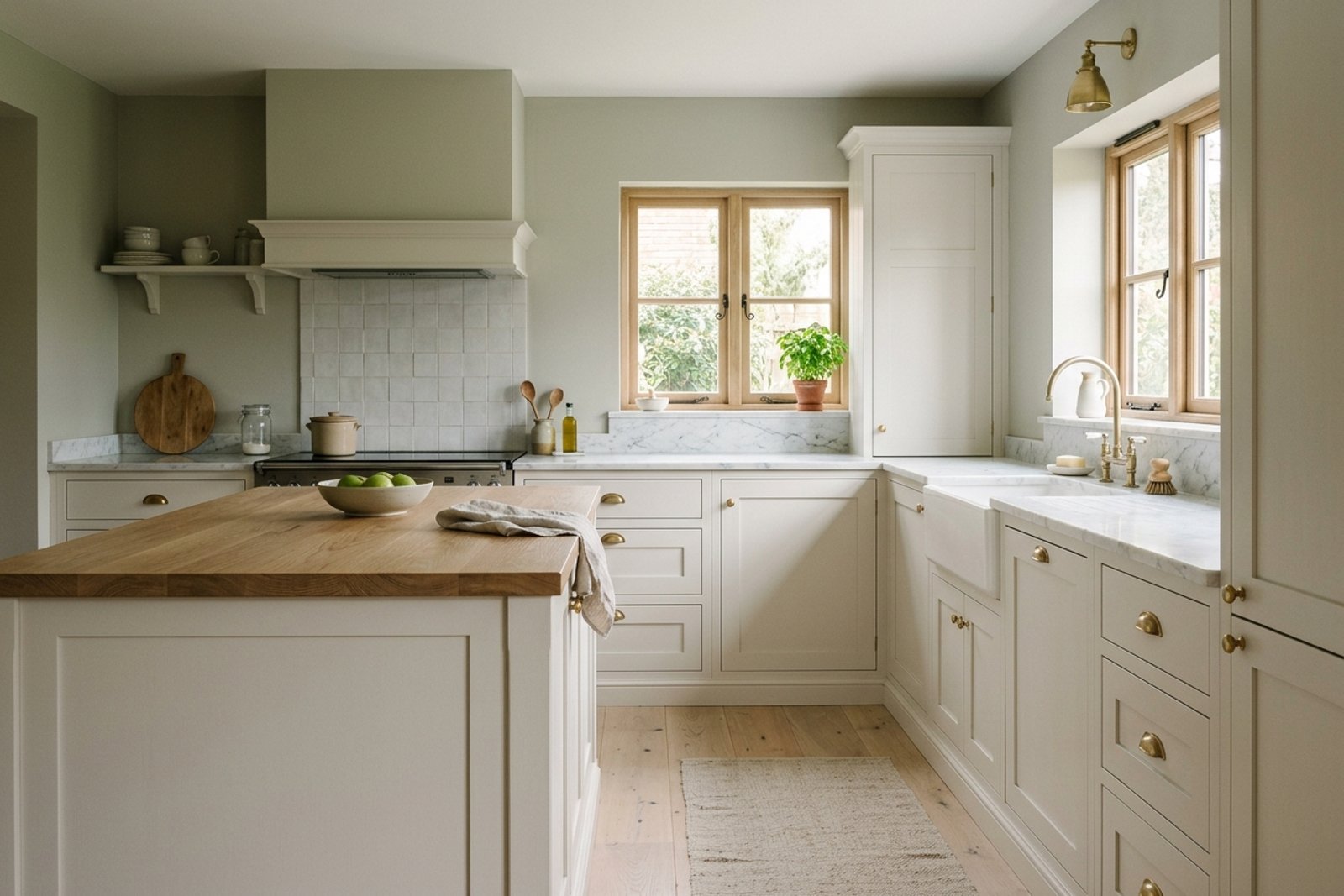 A kitchen with pale white oak floors, white cabinets, and soft green gray walls under morning light