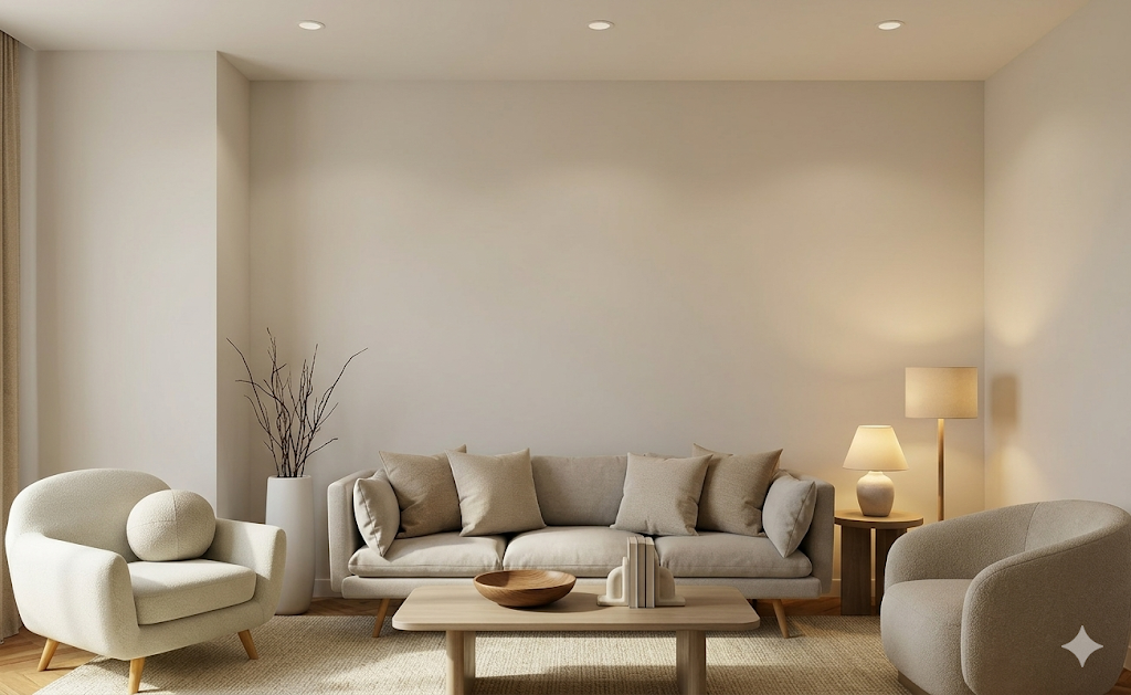 A calm neutral living room with a curved sofa, round wood coffee table, a single piece of wall art, and soft warm light