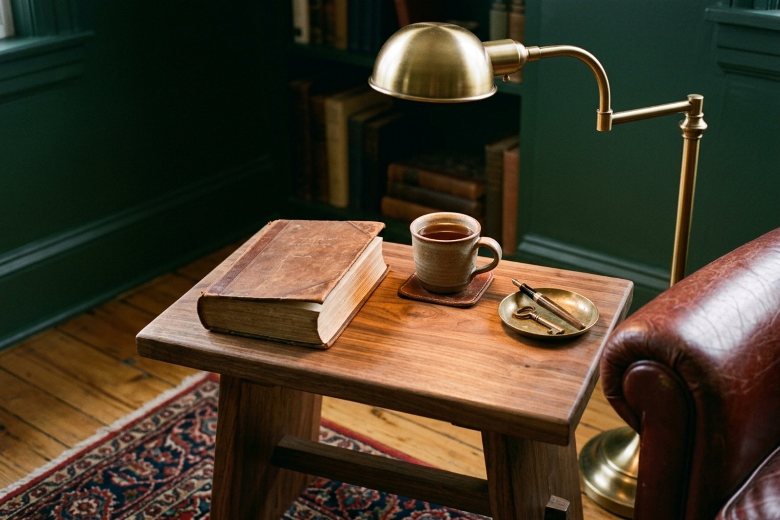 A small apartment reading nook in the corner of a one bedroom, single armchair under a warm floor lamp, small rug marking the zone, soft morning light from a side window