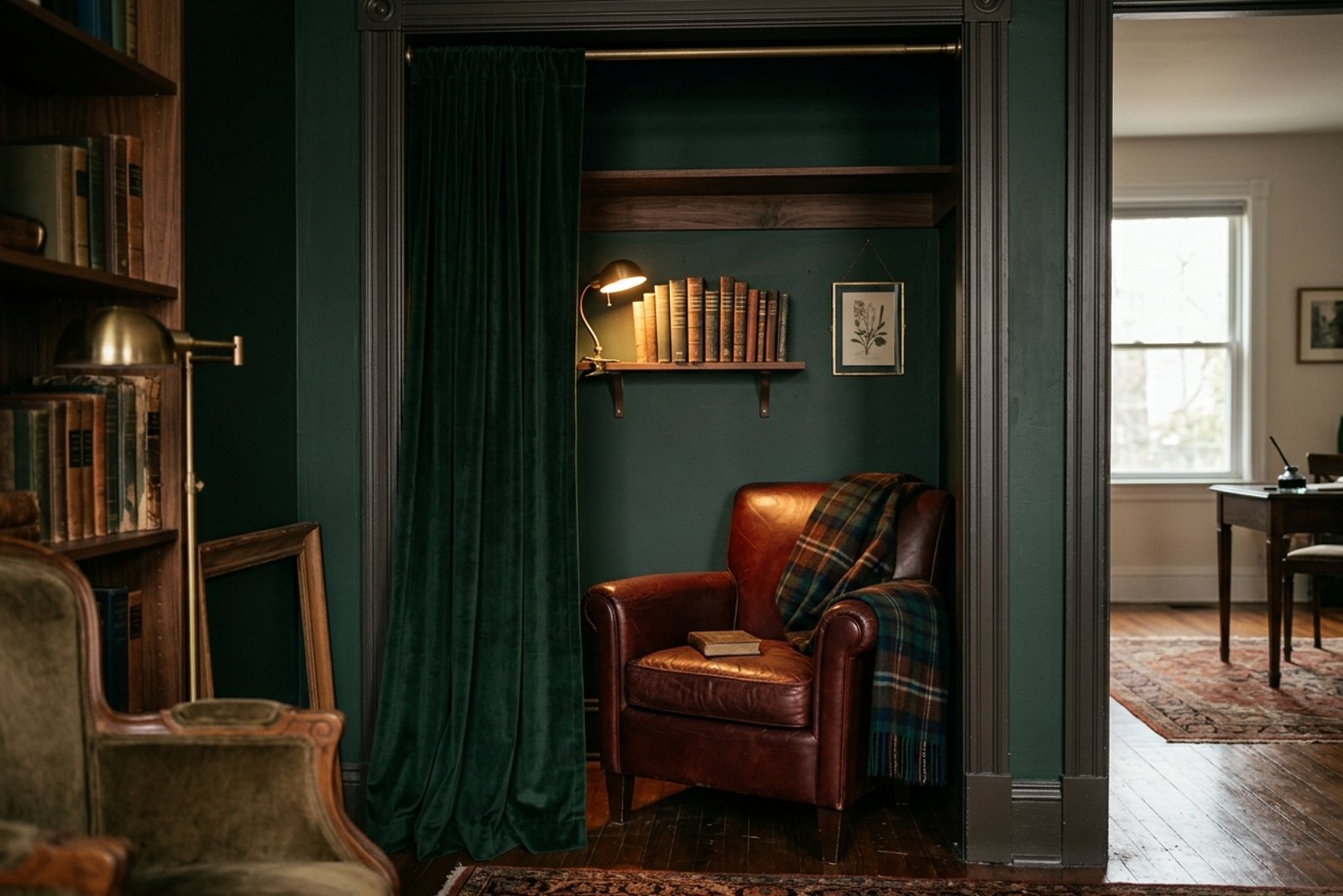 A closet reading nook in a small apartment, curtain pulled aside on a tension rod, single small armchair inside the closet with a clip on light at a wall shelf, books stacked vertically against one side