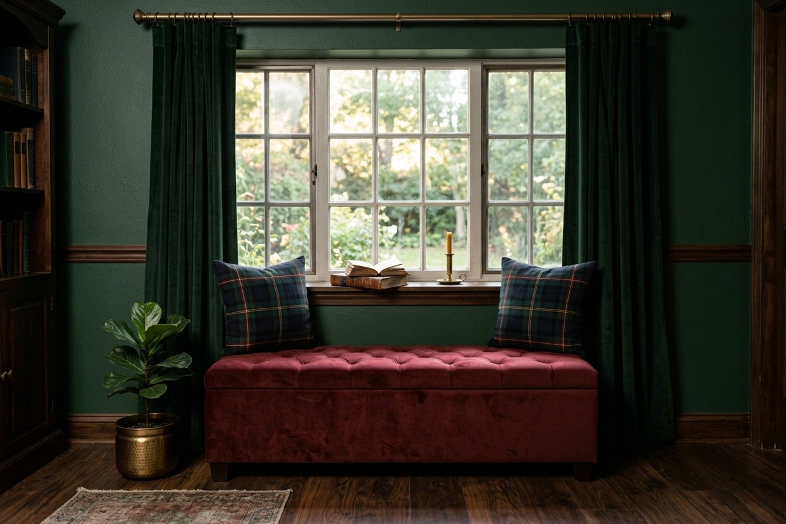 A renter friendly window seat reading nook in a small apartment, long storage ottoman pushed under the window, two firm cream throw pillows propped against the wall as a back rest, linen curtain pulled to one side, single book and ceramic mug on the windowsill