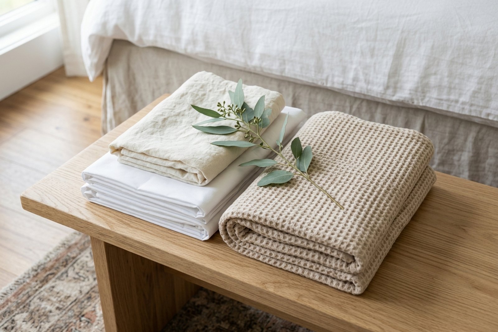 Folded summer guest bedding on an oak bench, percale and linen layered with a eucalyptus stem