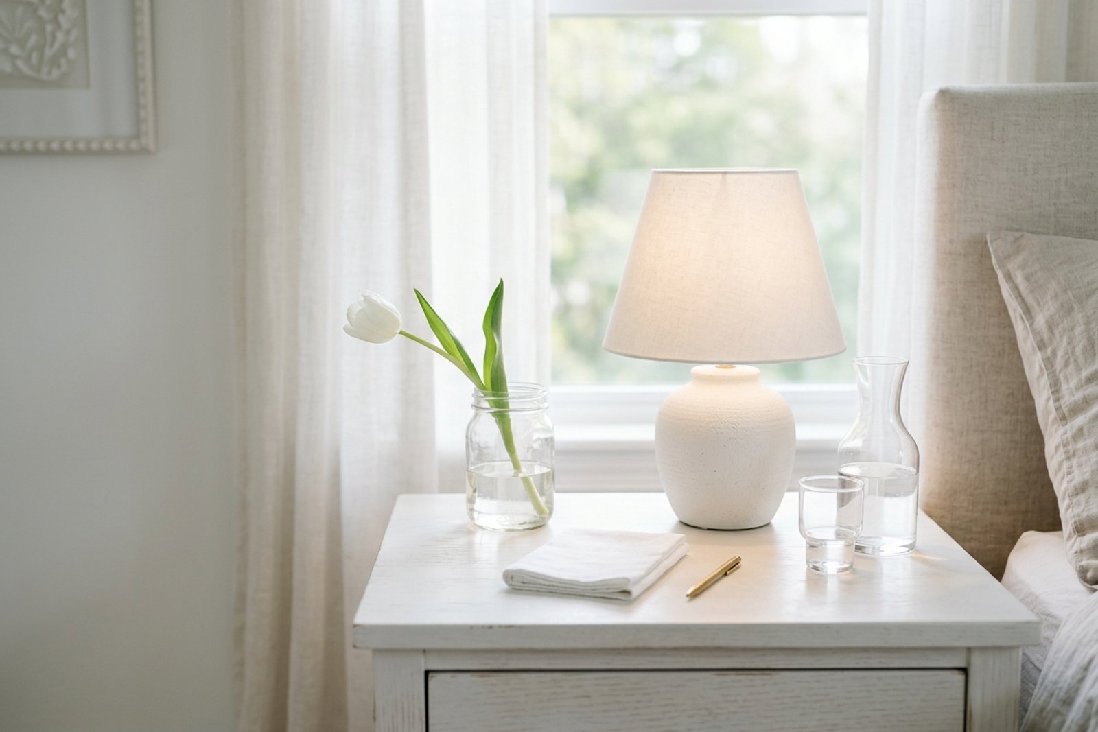 A styled guest bedside vignette: ceramic lamp, tulip stem in a clear jar, folded notepad, glass carafe