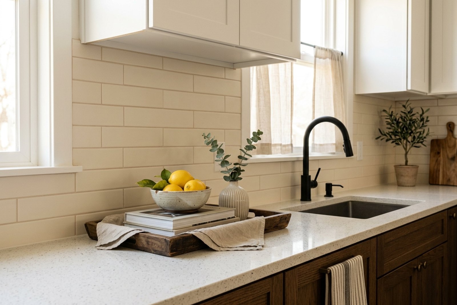 Rental kitchen with a warm cream peel and stick tile backsplash running from the counter to the bottom of the upper cabinets