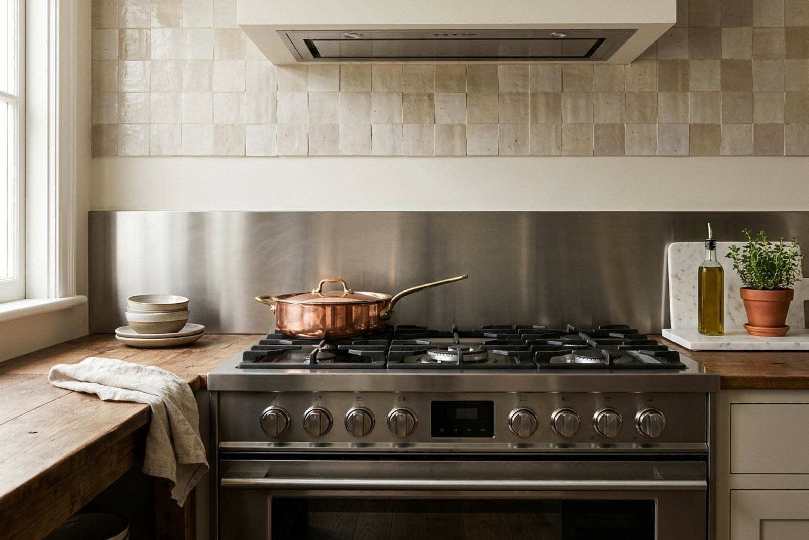 Gas range with a bare strip above the burners, a stainless sheet leaned behind it, and peel and stick tile starting above that gap