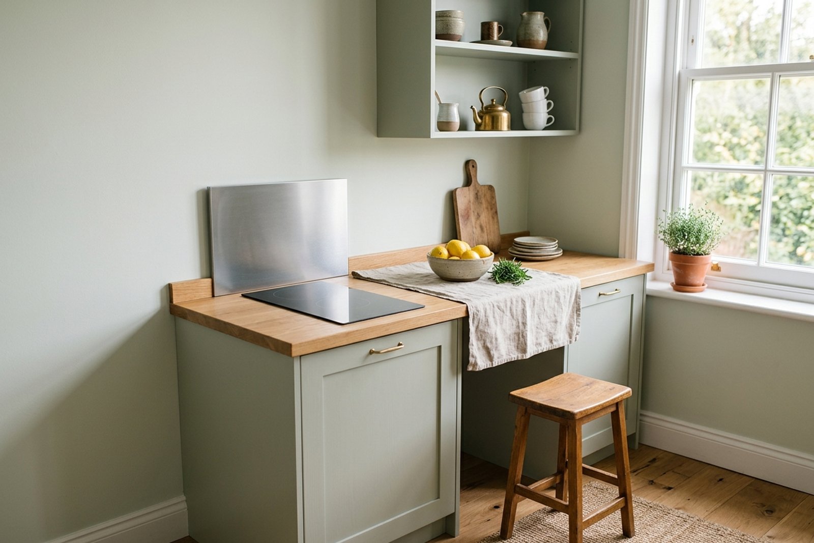 Studio apartment kitchen with a freestanding stainless splash guard on the counter and a clean painted wall behind the stove