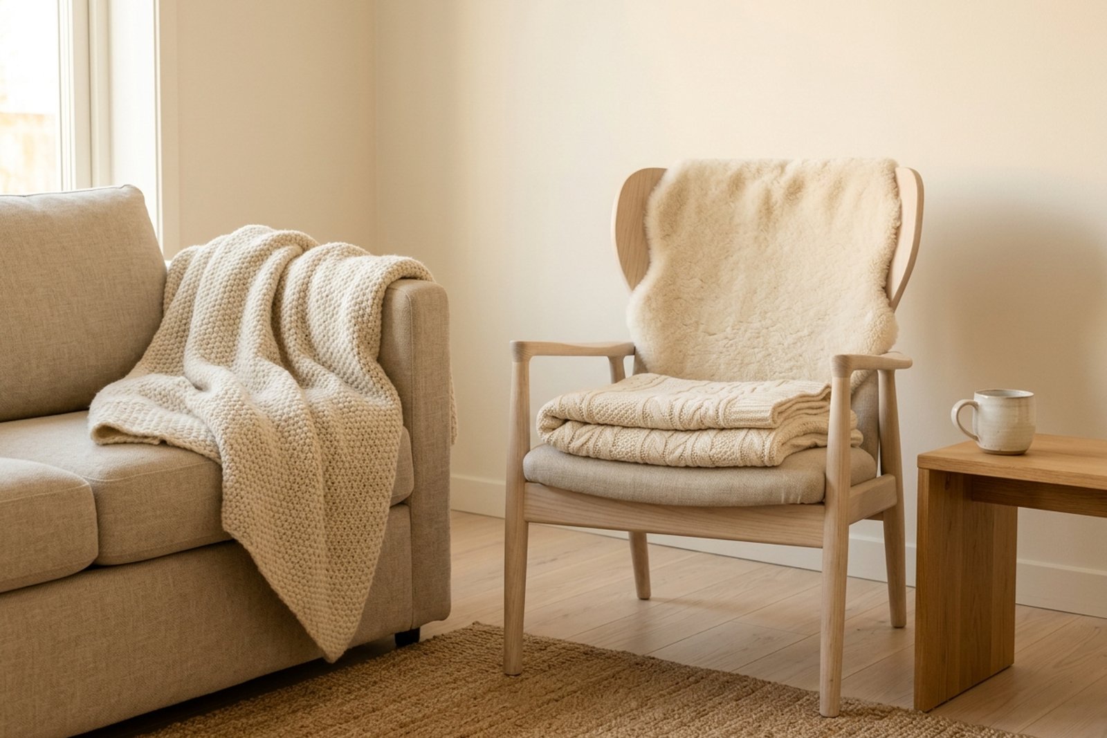 A Scandinavian living room corner with an oat colored sofa, two wool throws in slightly different creams, and a sheepskin draped over the back of a pale wood chair, all under late afternoon window light