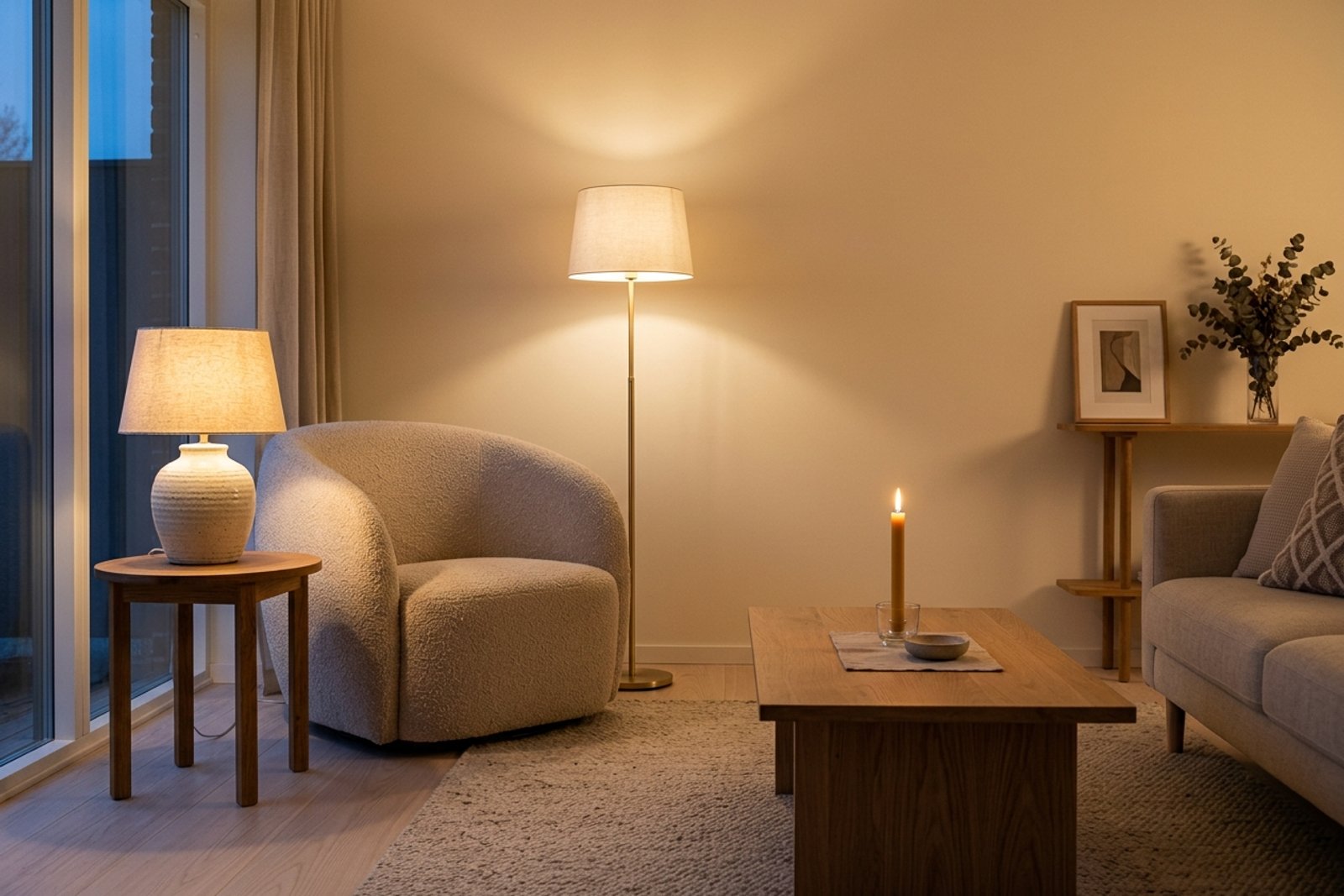 A Scandinavian living room in early evening with no overhead light on, a ceramic table lamp glowing on a side table, a floor lamp behind a curved armchair, and a single candle on a low wood coffee table