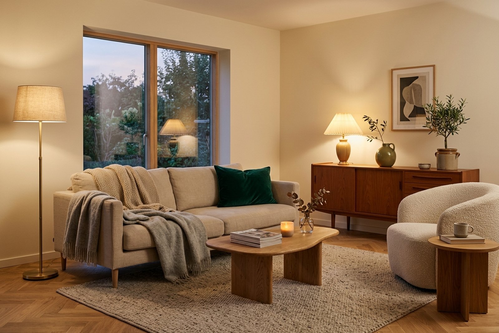 The finished Scandinavian living room at dusk: warm cream walls, a low oat sofa with two wool throws, a curved bouclé armchair, a vintage teak credenza along the back wall, two lamps glowing at different heights, a single deep emerald cushion as the accent