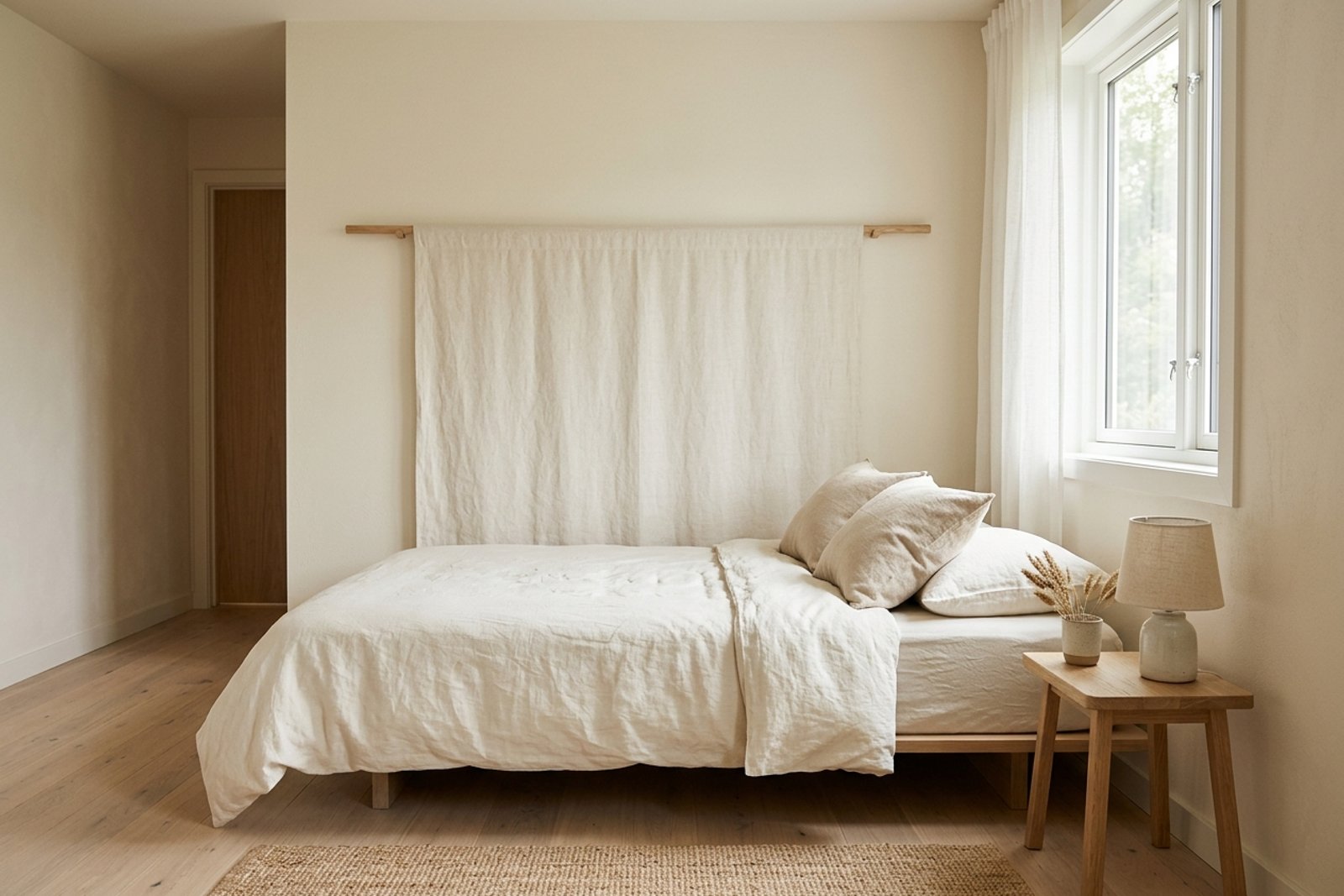 A small Scandinavian bedroom with cream walls, a low platform bed, a single linen panel hung above the mattress as a soft headboard, and morning light from one window