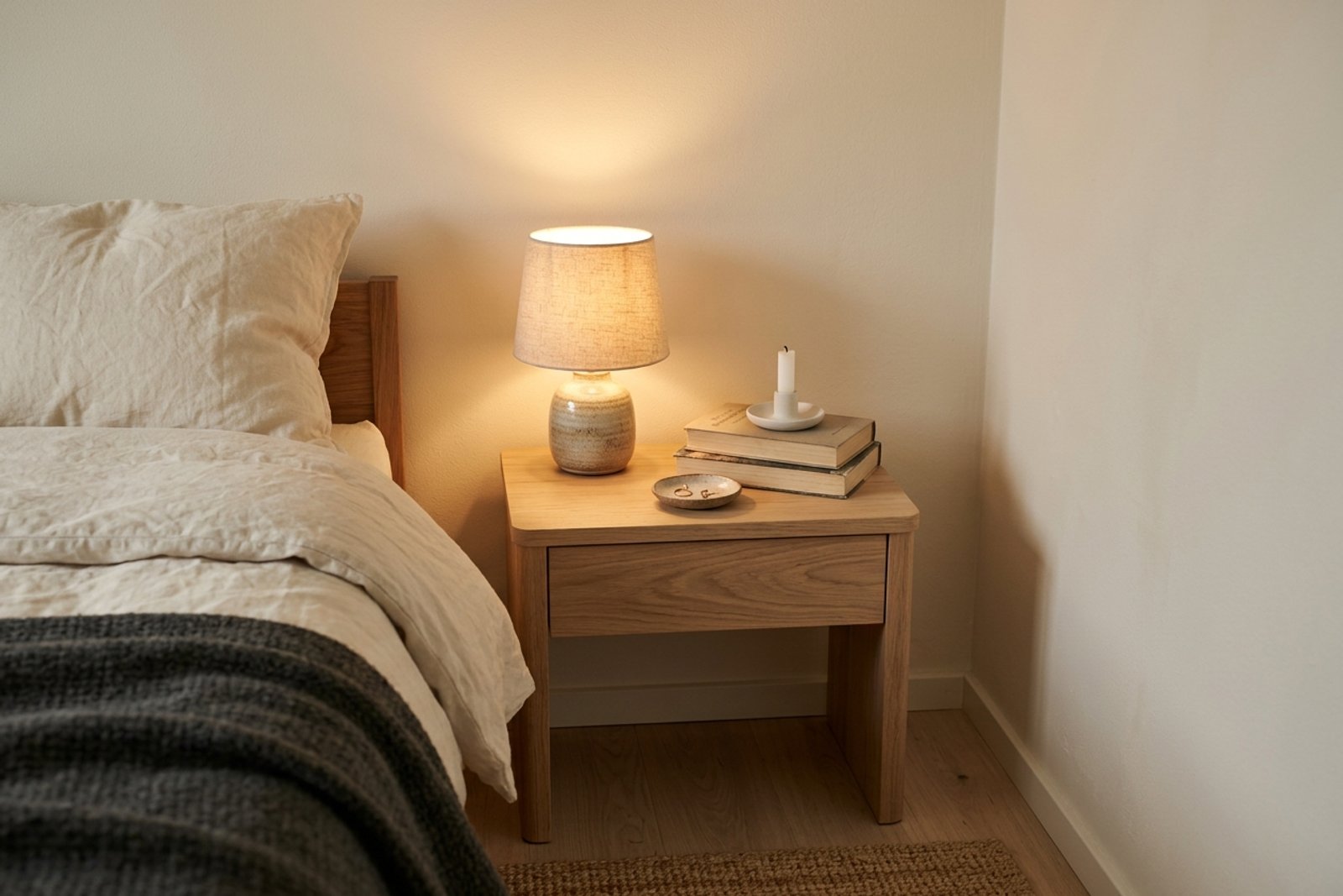 A small Scandinavian bedroom corner with one pale oak nightstand, a ceramic lamp with a warm bulb glowing at dusk, and a stack of two books with a candle on top