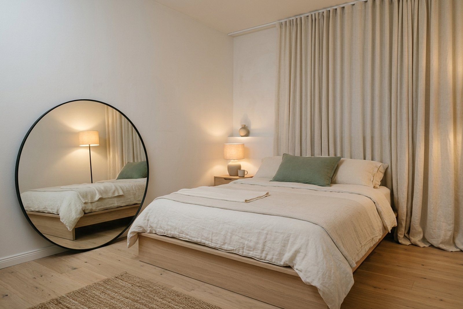 A small Scandinavian bedroom at dusk with linen curtains hung tight to the ceiling and puddled at the floor, a leaning round mirror reflecting the bed and one lamp, the duvet in three creams, and a single sage throw pillow as the only color